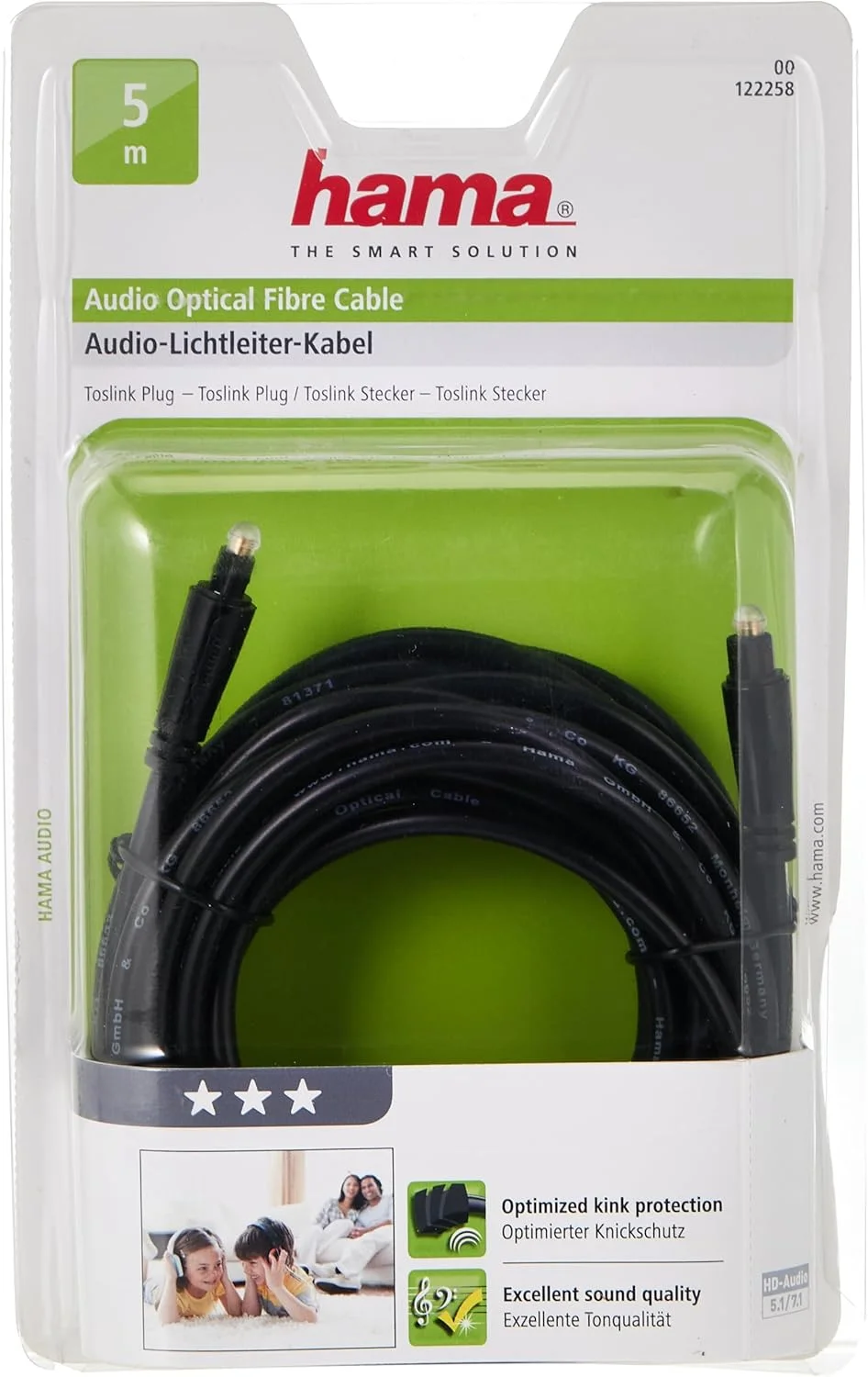 کابل فیبر نوری صوتی هاما 122258 با پلاگ ODT Toslink، طول 5 متر، مشکی، کمکی