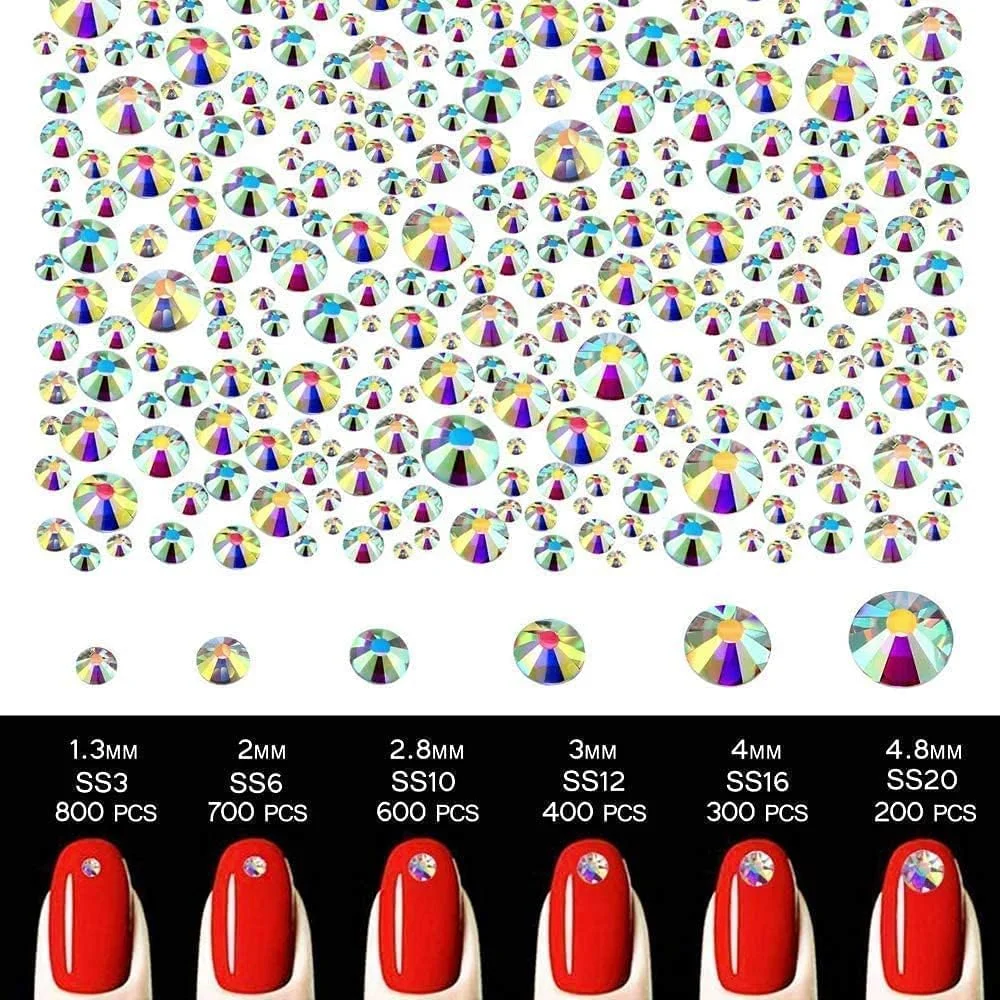 1440 عدد نگین تخت - سنگ های تزئینی کریستالی AB در 6 سایز مختلف برای ناخن، لباس، صورت و کارهای هنری - به همراه موچین و قلم نقطه گذاری 1440 عدد نگین تخت - سنگ های تزئینی کریستالی AB در 6 سایز مختلف برای ناخن، لباس، صورت و کارهای هنری - به همراه موچین و قلم نقطه گذاری