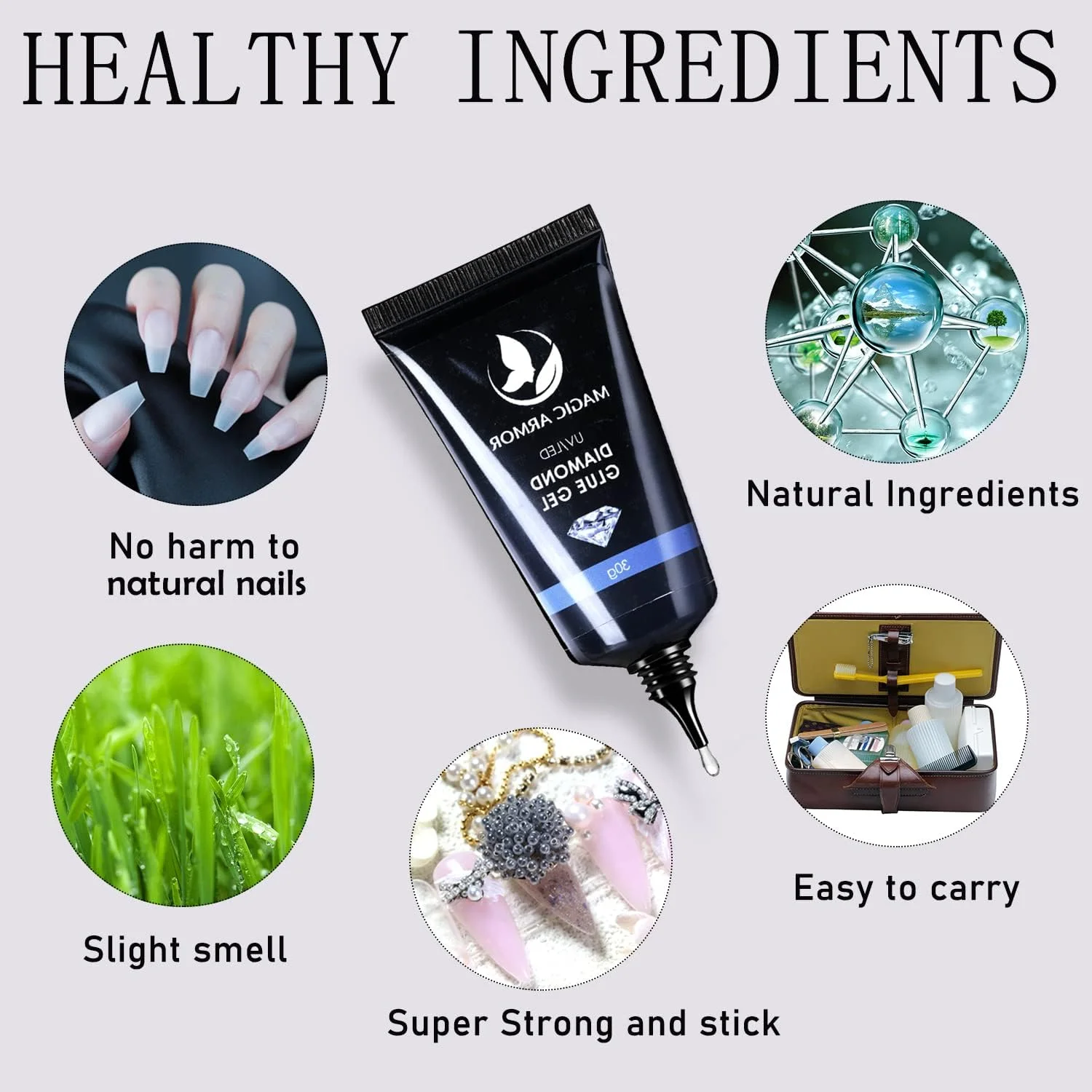 چسب ژل نگین ناخن MAGIC ARMOR، 60 میلی لیتر - ژل فوق العاده قوی برای چسباندن نگین، ناخن مصنوعی، جواهرات و تزیینات سه بعدی ناخن