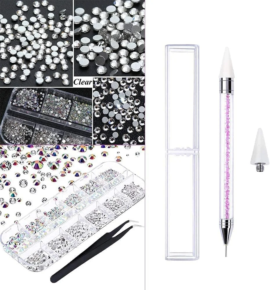 1440 عدد نگین تخت - سنگ های تزئینی کریستالی AB در 6 سایز مختلف برای ناخن، لباس، صورت و کارهای هنری - به همراه موچین و قلم نقطه گذاری 1440 عدد نگین تخت - سنگ های تزئینی کریستالی AB در 6 سایز مختلف برای ناخن، لباس، صورت و کارهای هنری - به همراه موچین و قلم نقطه گذاری