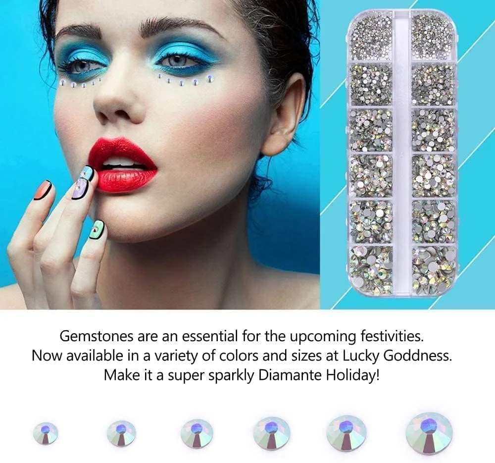 1440 عدد نگین تخت - سنگ های تزئینی کریستالی AB در 6 سایز مختلف برای ناخن، لباس، صورت و کارهای هنری - به همراه موچین و قلم نقطه گذاری 1440 عدد نگین تخت - سنگ های تزئینی کریستالی AB در 6 سایز مختلف برای ناخن، لباس، صورت و کارهای هنری - به همراه موچین و قلم نقطه گذاری