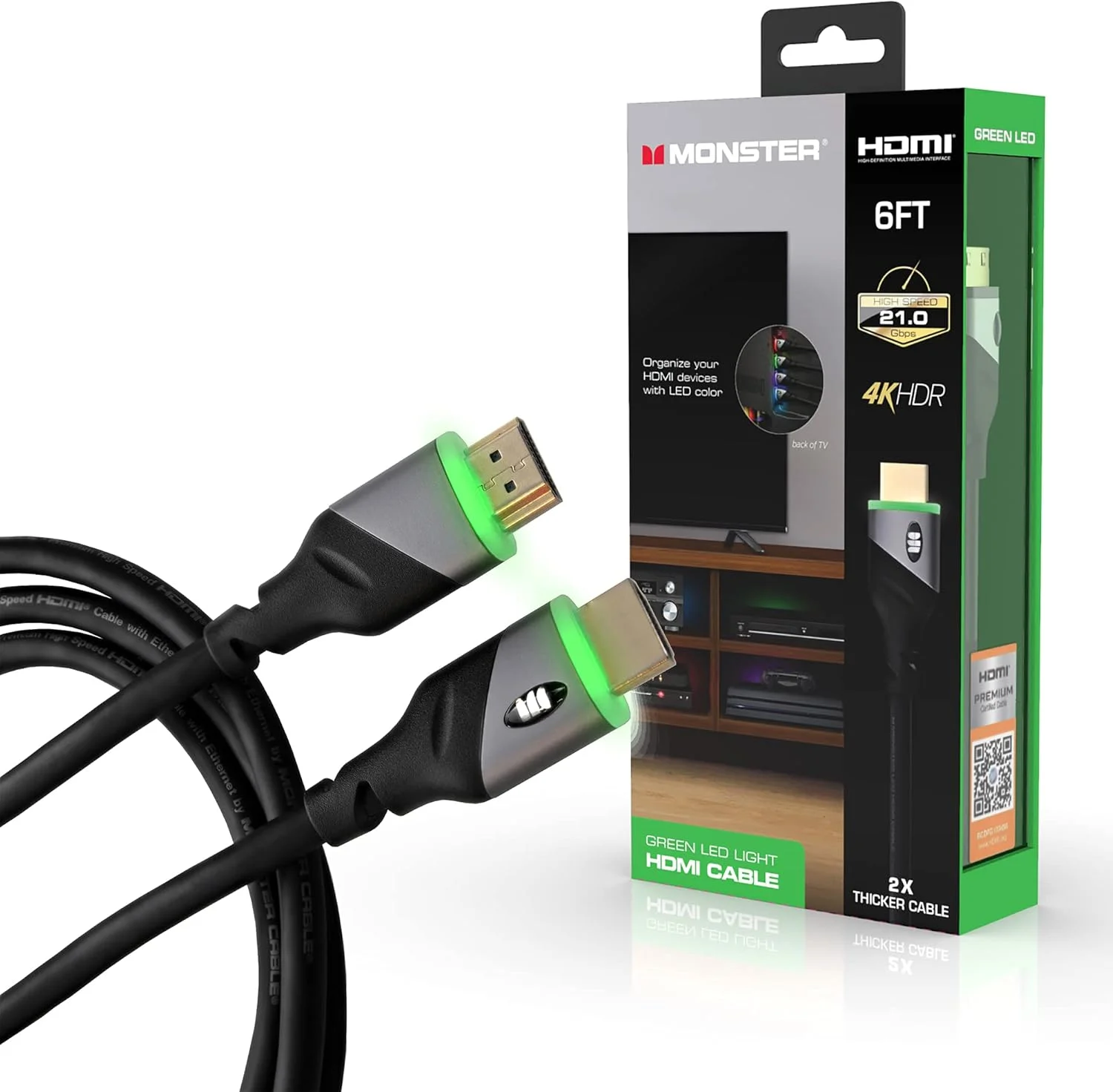 کابل HDMI مانستر با سرعت بالا، 4K HDR، طول 1.8 متر، با چراغ LED سبز داخلی، مناسب برای بازی، ویدئو و کامپیوتر