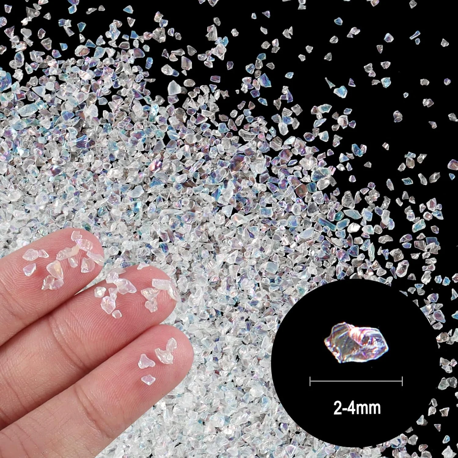 تکه شیشه های خرد شده نامنظم رنگی سفید کریستالی 2-4 میلی متری، اکلیل شیشه ای شکسته 150 گرمی، مناسب رزین اپوکسی، قالب، زیر لیوانی، تزیین ناخن، نقاشی، قاب گوشی، جواهرات تکه شیشه های خرد شده نامنظم رنگی سفید کریستالی 2-4 میلی متری، اکلیل شیشه ای شکسته 150 گرمی، مناسب رزین اپوکسی، قالب، زیر لیوانی، تزیین ناخن، نقاشی، قاب گوشی، جواهرات