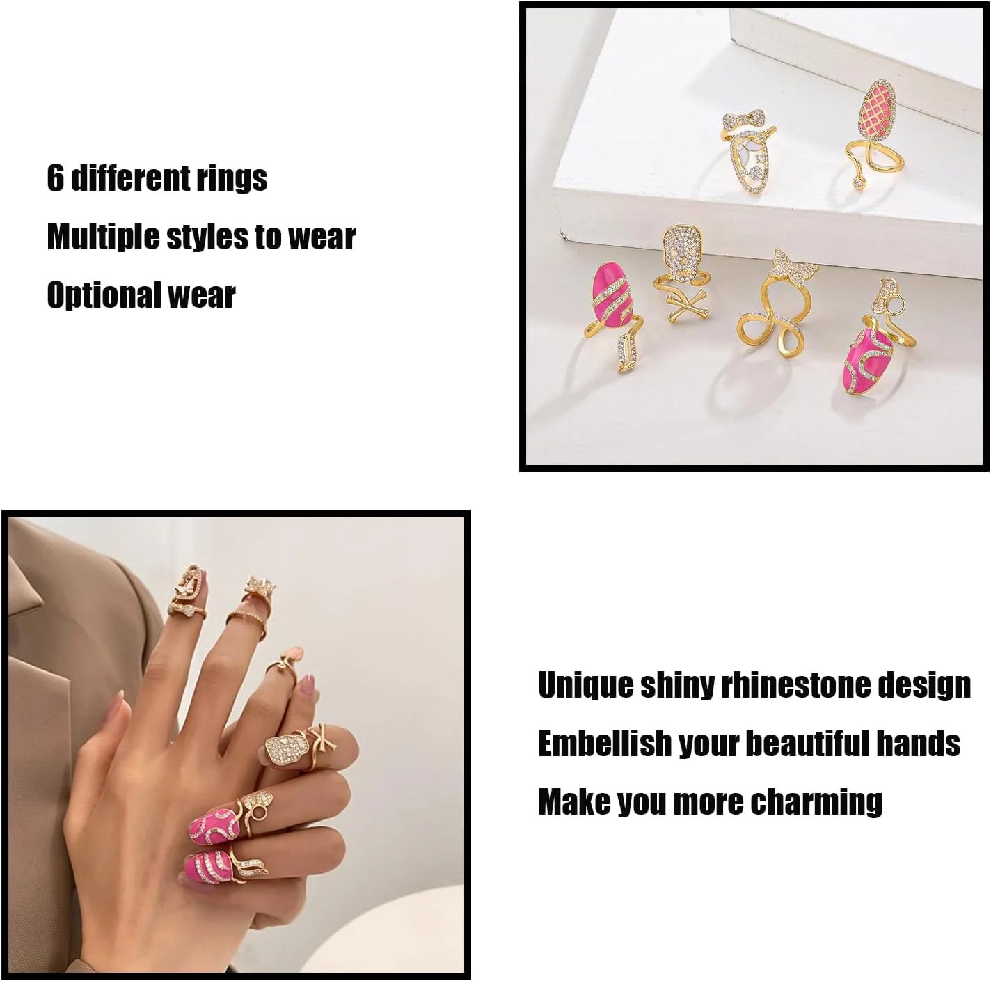 YIUWLMN 6 عدد انگشتر نوک انگشتی شیک و نفیس با تزئینات نگین درخشان، انگشتر فلزی ناخن انگشت، جواهرات ظریف و قابل تنظیم هنر ناخن برای زنان، آلیاژ، طلایی، فلز، روی YIUWLMN 6 عدد انگشتر نوک انگشتی شیک و نفیس با تزئینات نگین درخشان، انگشتر فلزی ناخن انگشت، جواهرات ظریف و قابل تنظیم هنر ناخن برای زنان، آلیاژ، طلایی، فلز، روی