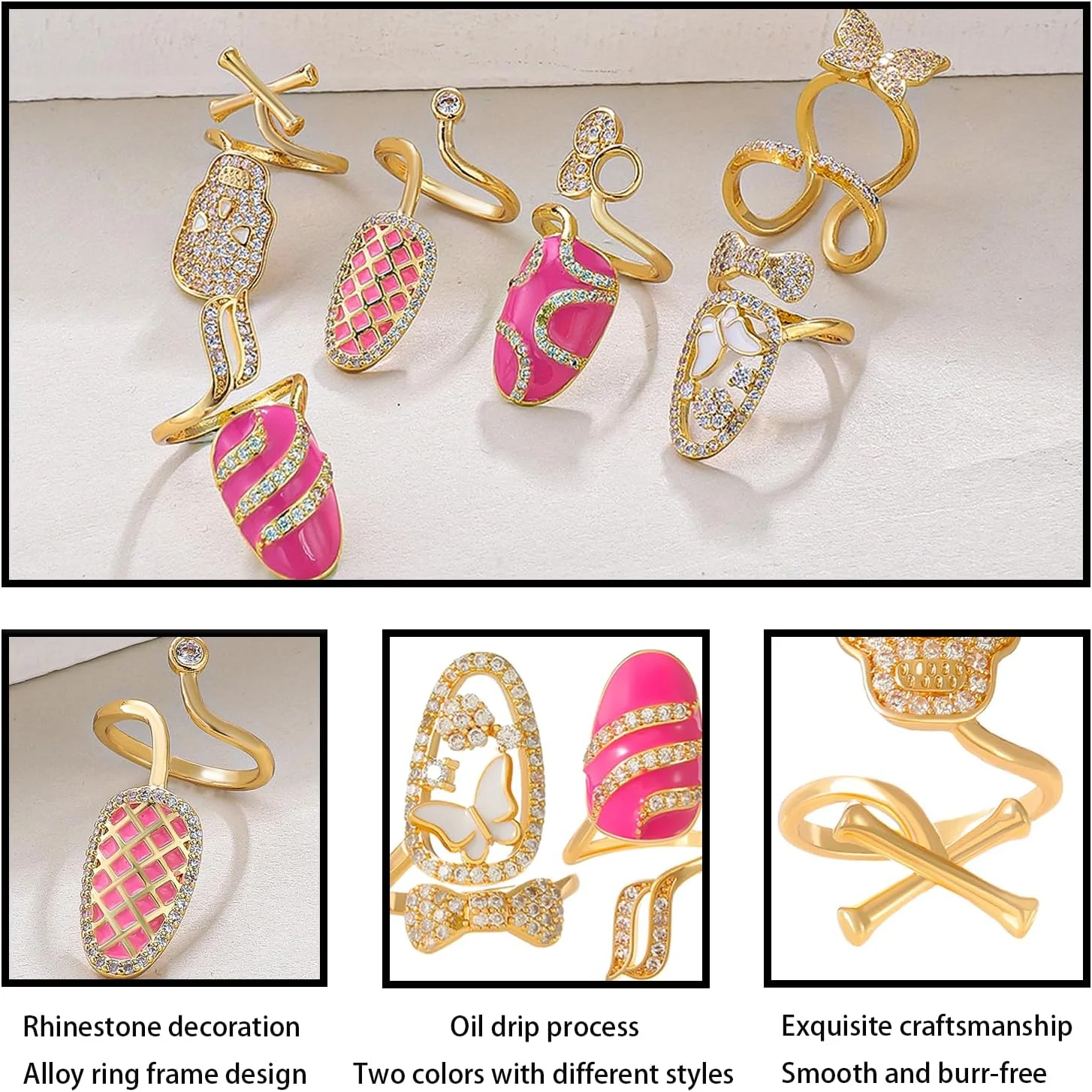 YIUWLMN 6 عدد انگشتر نوک انگشتی شیک و نفیس با تزئینات نگین درخشان، انگشتر فلزی ناخن انگشت، جواهرات ظریف و قابل تنظیم هنر ناخن برای زنان، آلیاژ، طلایی، فلز، روی YIUWLMN 6 عدد انگشتر نوک انگشتی شیک و نفیس با تزئینات نگین درخشان، انگشتر فلزی ناخن انگشت، جواهرات ظریف و قابل تنظیم هنر ناخن برای زنان، آلیاژ، طلایی، فلز، روی