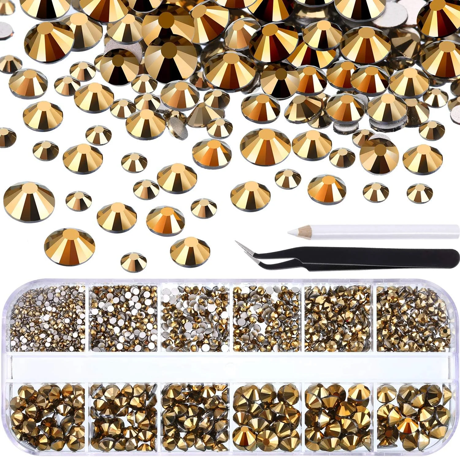 نگینهای تخت اکلیلی TecUnite، 2000 عدد سنگ کریستالی گرد در 6 سایز مختلف (1.5 تا 6 میلیمتر) به همراه موچین و قلم برداشت نگین برای کارهای دستی، طراحی ناخن، آرایش صورت، لباس، کیف، کفش و پروژههای DIY (طلایی متالیک) نگینهای تخت اکلیلی TecUnite، 2000 عدد سنگ کریستالی گرد در 6 سایز مختلف (1.5 تا 6 میلیمتر) به همراه موچین و قلم برداشت نگین برای کارهای دستی، طراحی ناخن، آرایش صورت، لباس، کیف، کفش و پروژههای DIY (طلایی متالیک)