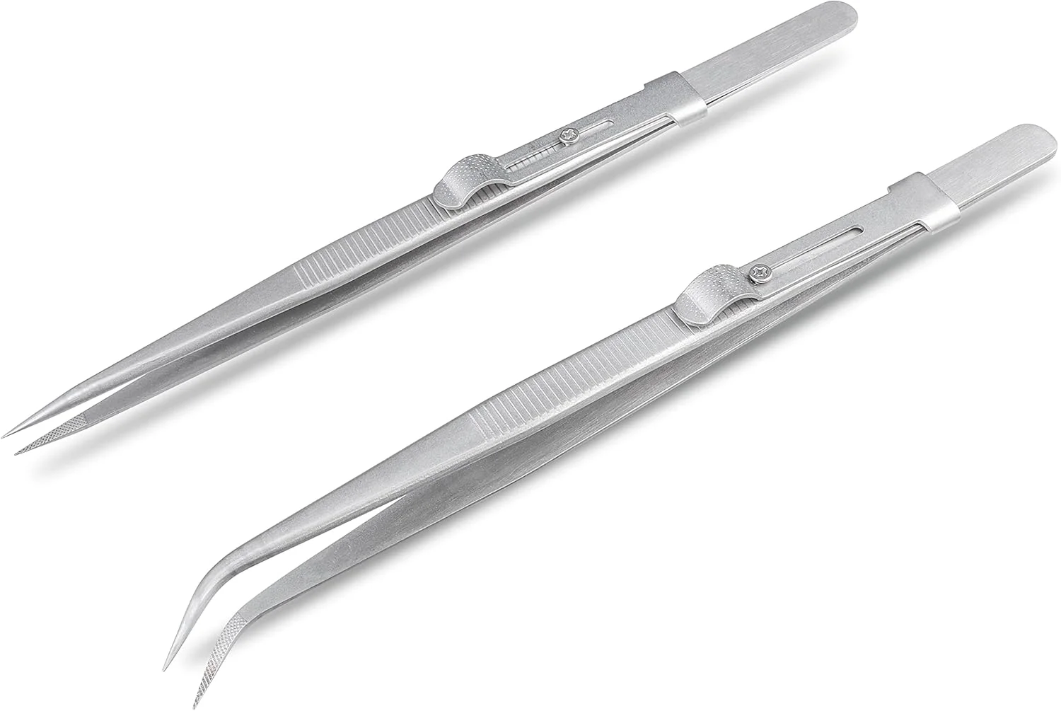 ست موچین دقیق یاکاموز، 2 عددی، نوک تیز و خمیده قفل‌دار، موچین استیل ضد زنگ برای صنایع دستی، الکترونیک، جواهرات و هنر ناخن
