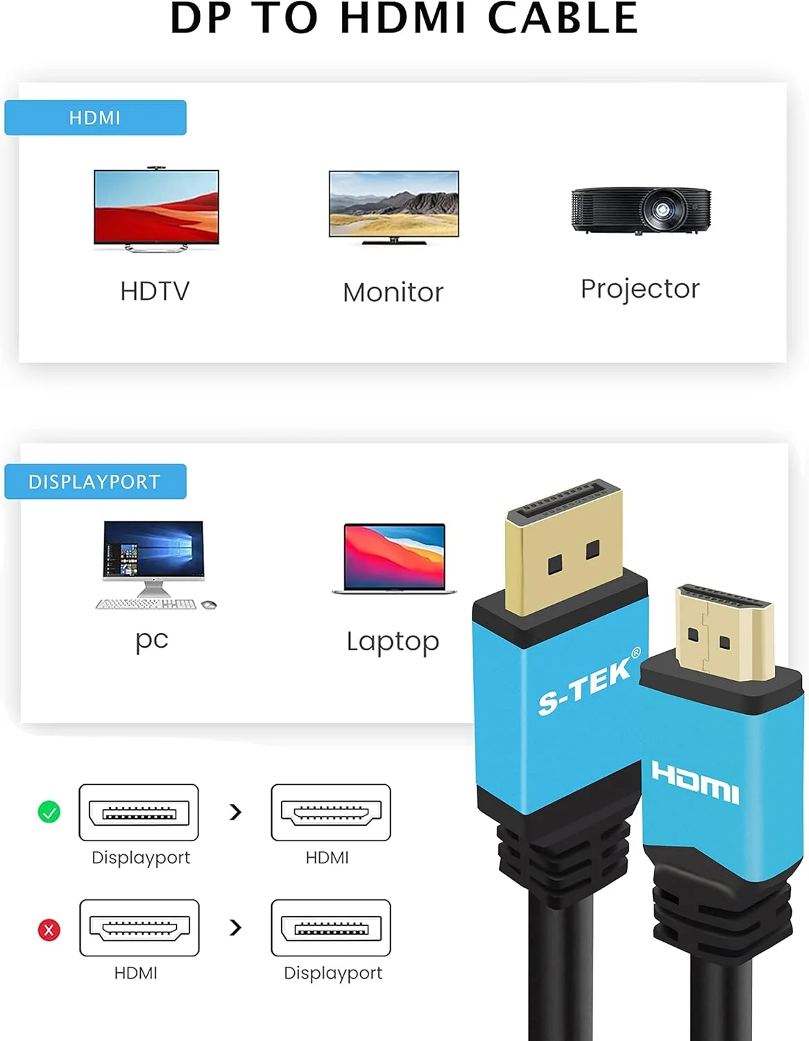 کابل Display Port به HDMI اس-تک [1.8 متری] 4K@30Hz نر به نر برای تلویزیون های HD و مانیتور