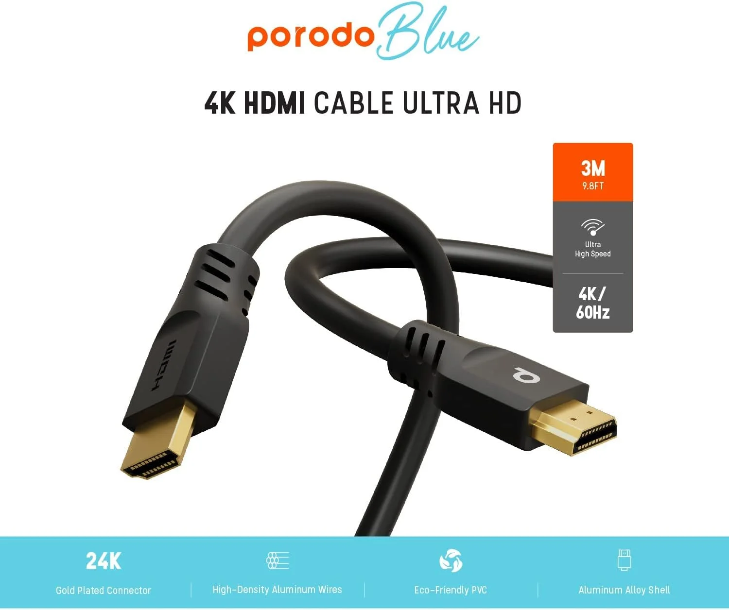 کابل HDMI 4K/60Hz پورودو آبی با کیفیت Ultra HD، طول 3 متر، پشتیبانی از انتقال 2 ویدیو و 4 صدا، کانکتور با روکش طلای 24 عیار، بدنه آلیاژ آلومینیوم، PVC سازگار با محیط زیست کابل HDMI 4K/60Hz پورودو آبی با کیفیت Ultra HD، طول 3 متر، پشتیبانی از انتقال 2 ویدیو و 4 صدا، کانکتور با روکش طلای 24 عیار، بدنه آلیاژ آلومینیوم، PVC سازگار با محیط زیست