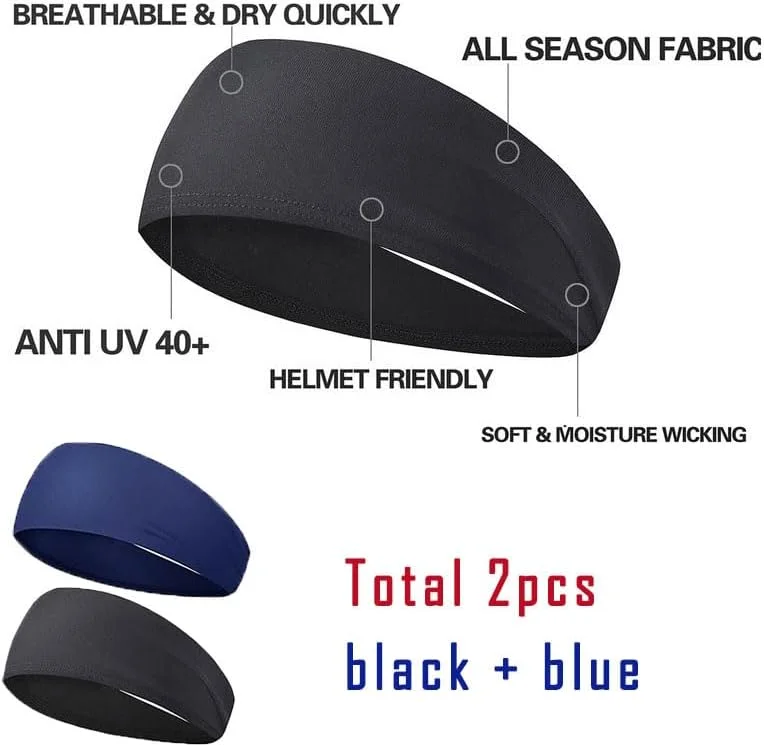 2 عدد هدبند ورزشی برای آقایان و بانوان - جذب کننده عرق، نرم و قابل تنفس مناسب یوگا، فیتنس و تمرین (مشکی و آبی)