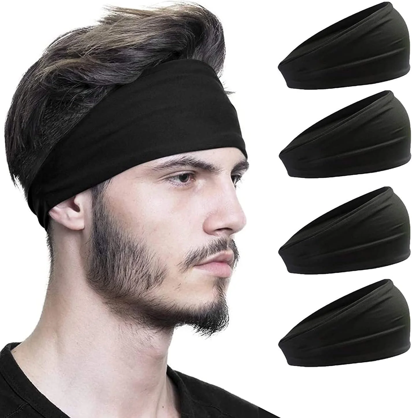 هدبند ورزشی 4 عددی Aamze مناسب آقایان و بانوان، هدبند عرق گیر برای ورزش، دویدن، دوچرخه سواری، مسافرت، جذب رطوبت، کشسان (مشکی)