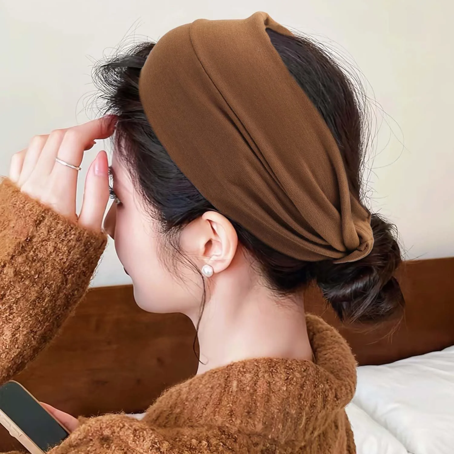 هدبند زنانه رنگ ثابت پهن کشی گره دار، کش موی الاستیک ضد لغزش، هدبند عرق گیر مناسب یوگا و تمرینات ورزشی