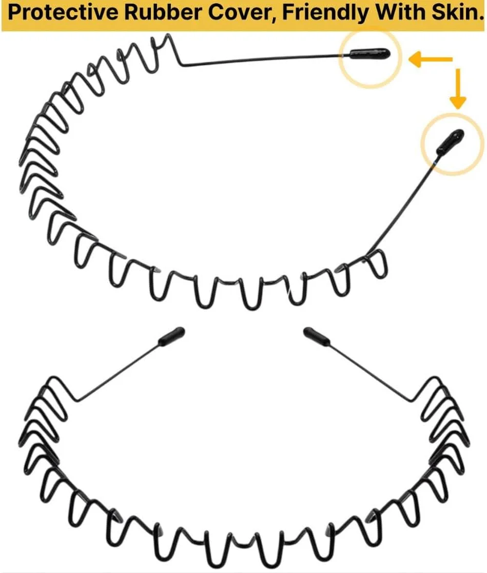 بسته 2 عددی تل مو فلزی زیگزاگی برای مردان و زنان، تل سر سبک وزن مشکی با روکش محافظ لاستیکی، حلقه موی موج دار فنری اسپرت ضد لغزش یونی‌سکس، اکسسوری مو