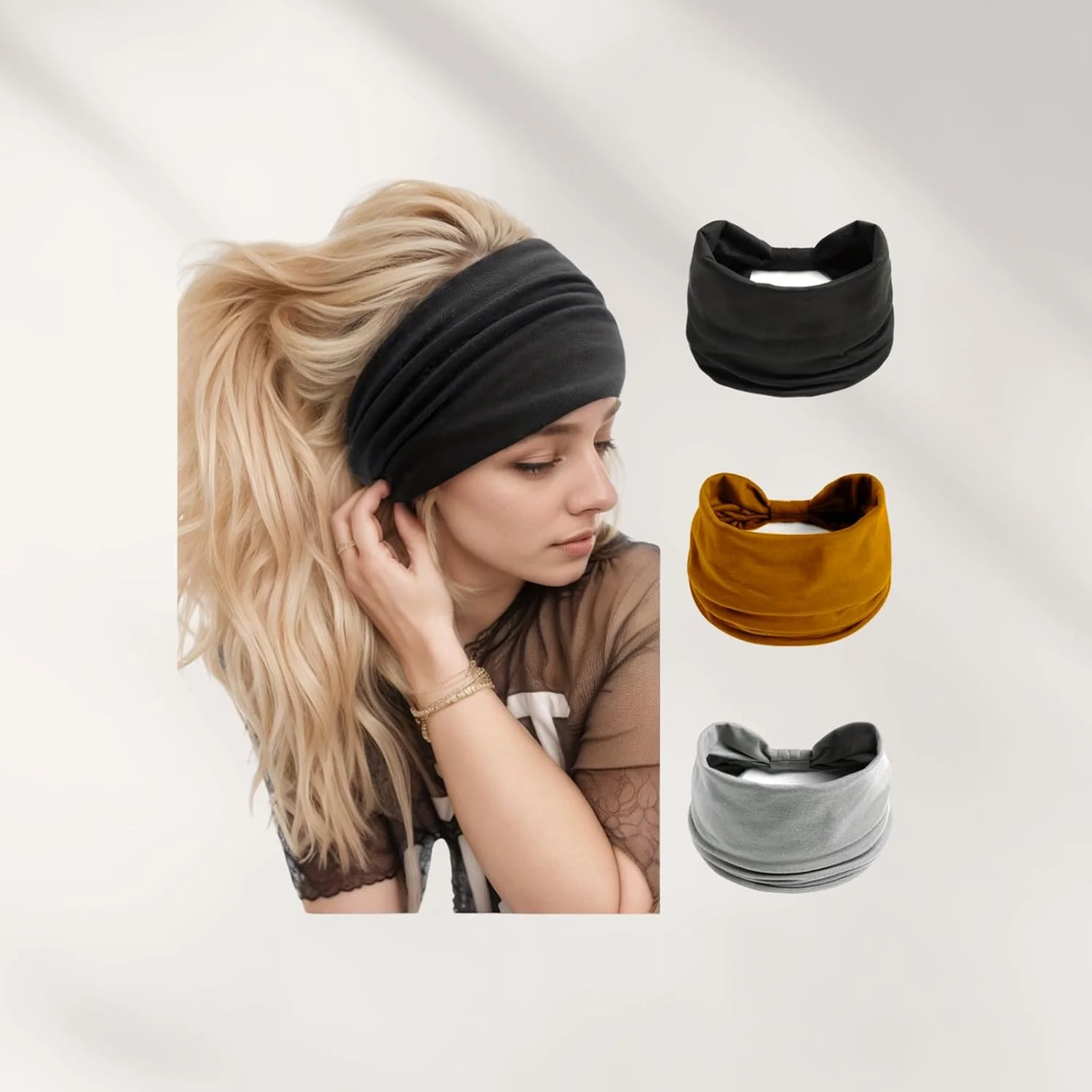 هدبند زنانه، 3 عدد کش موی الاستیک پهن گره دار، هدبند رنگ ثابت، عمامه، هدبند یوگا ضد لغزش، دستمال سر نخی بزرگ، اکسسوری موی بوهو برای دختران