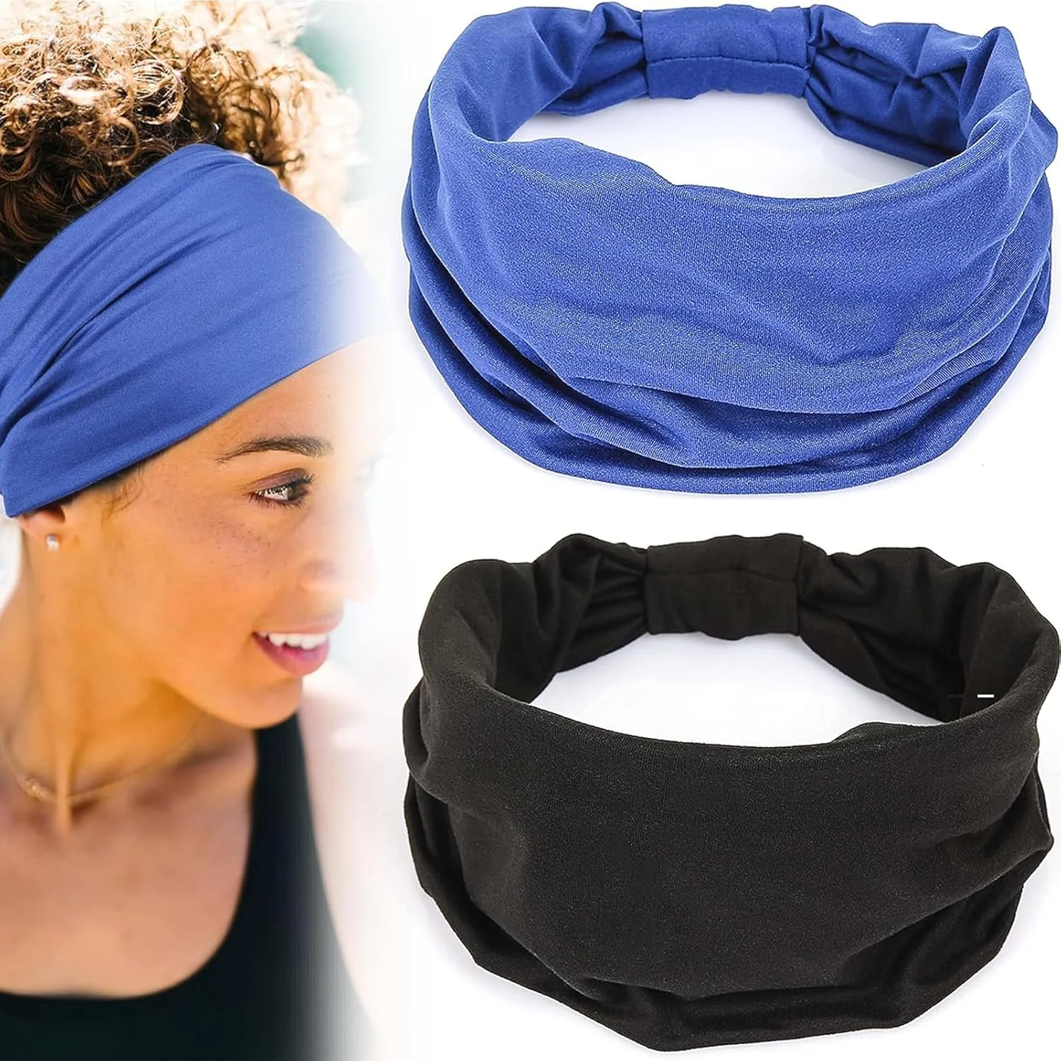 بسته 2 عددی هدبند پهن زنانه، دستمال سر توربان پارچه ای نخی نرم و کشسان، هدبندهای گره دار مد روز بوهو، هدبندهای ضد لغزش برای یوگا، دویدن و ورزش، توربان های نخی کشسان در رنگ های آبی و مشکی