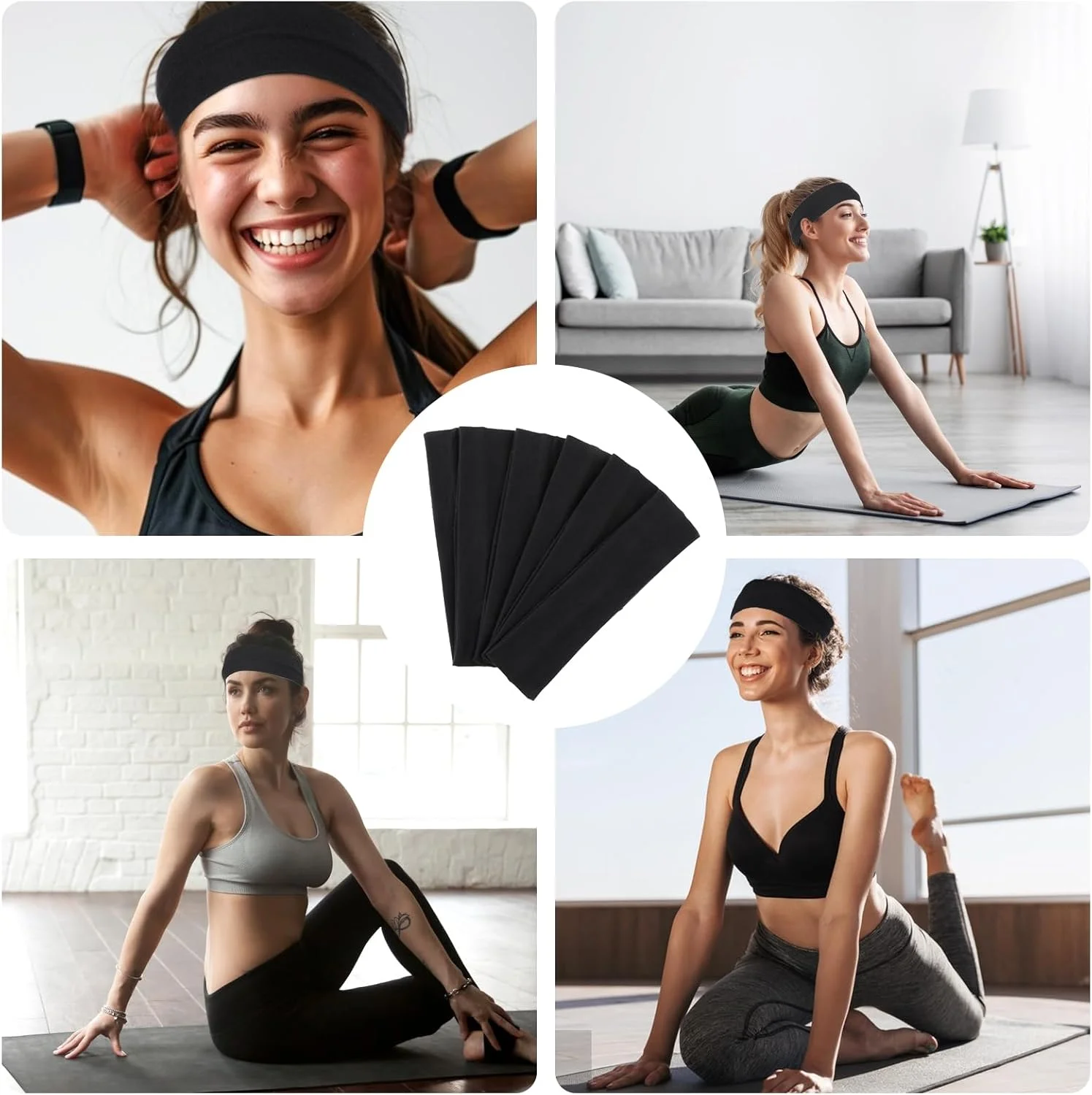 ست 6 عددی هدبند ورزشی مشکی و سفید زنانه، کشی، نخی، ضد لغزش، مناسب تمرین، لوازم یوگا، ساده، مناسب دویدن، دستمال سر