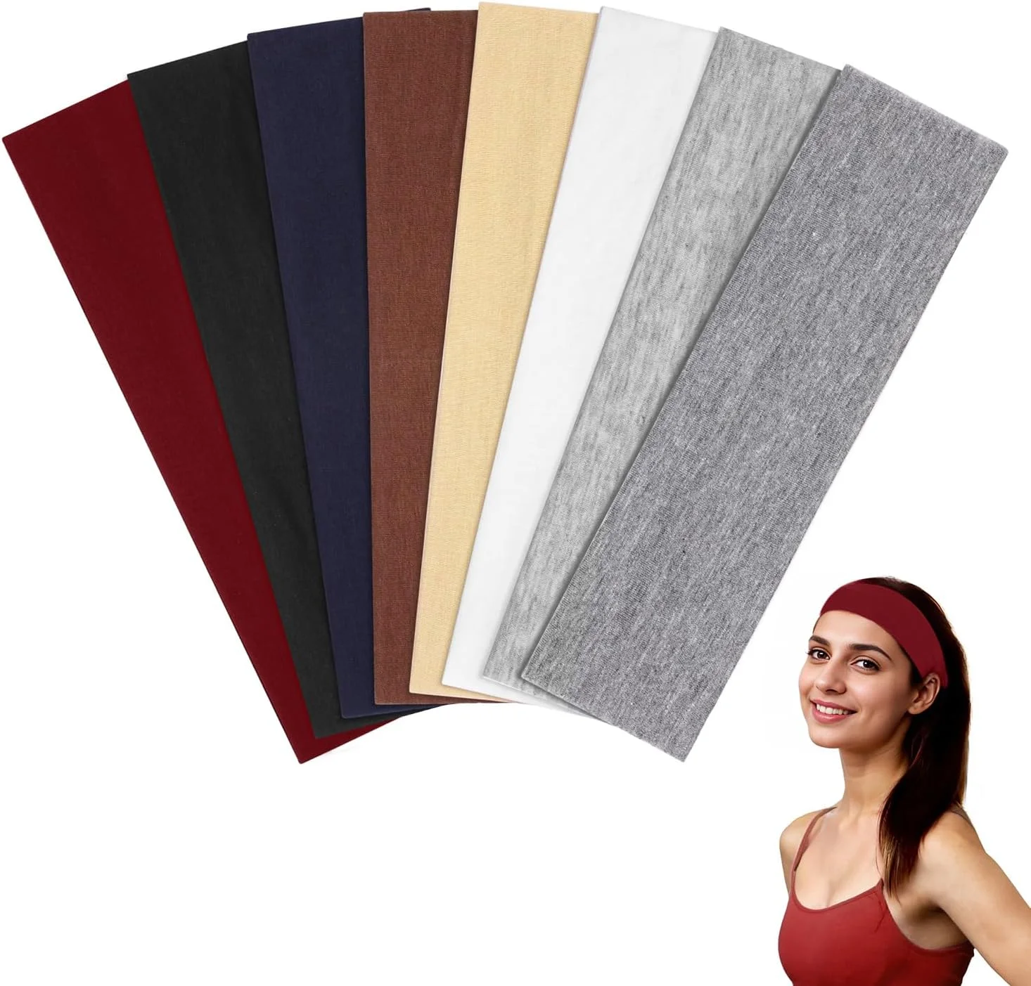 8 عدد هدبند زنانه 6 سانتی متری، ضد لغزش، مناسب ورزش، پارچه نخی نرم و کشسان، پهن، مناسب تمرین یوگا و دویدن