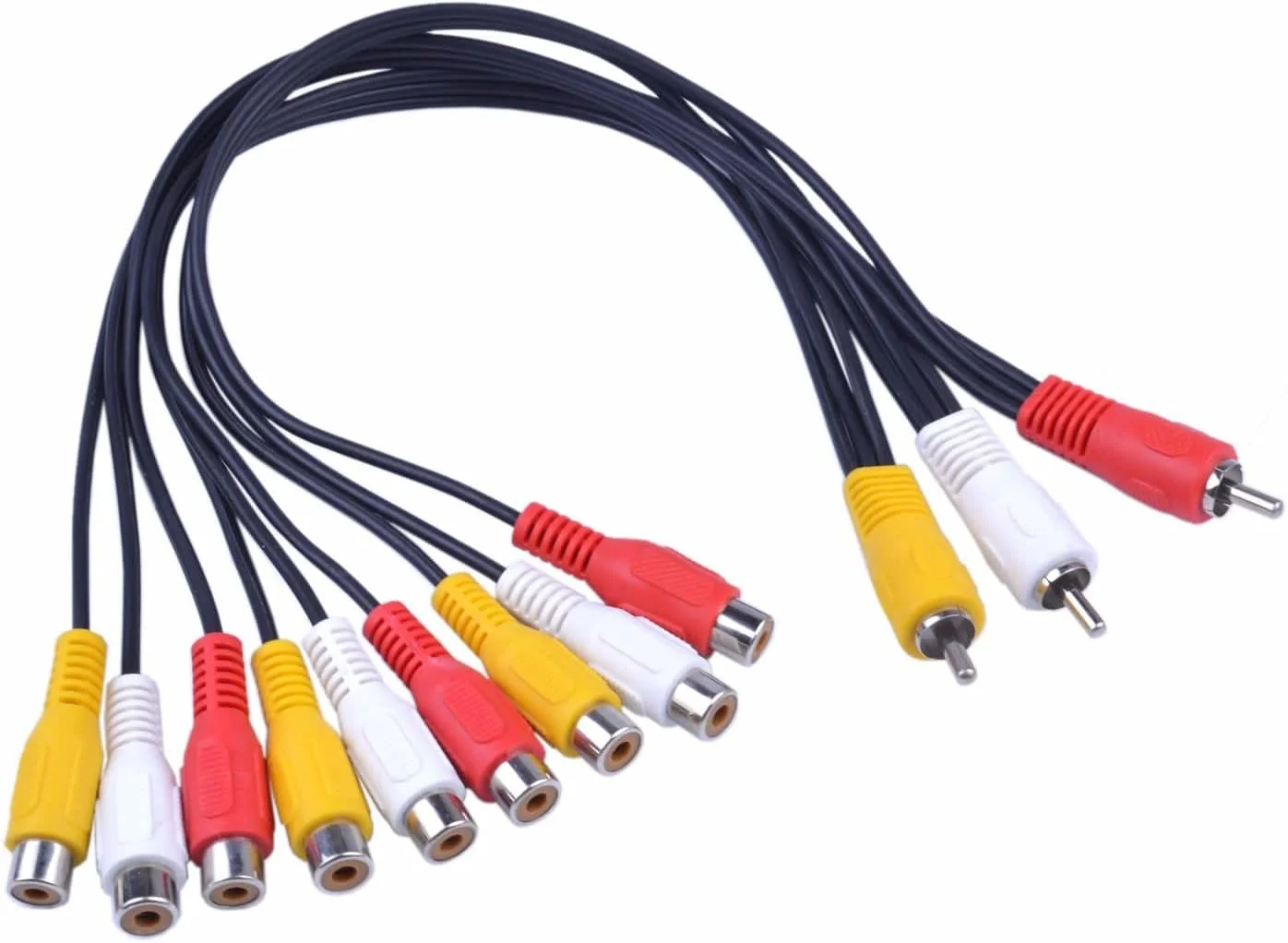 کابل تبدیل RCA، کابل آداپتور صوتی و تصویری 3 فیش نری RCA به 6 فیش مادگی RCA، طول 30 سانتی متر