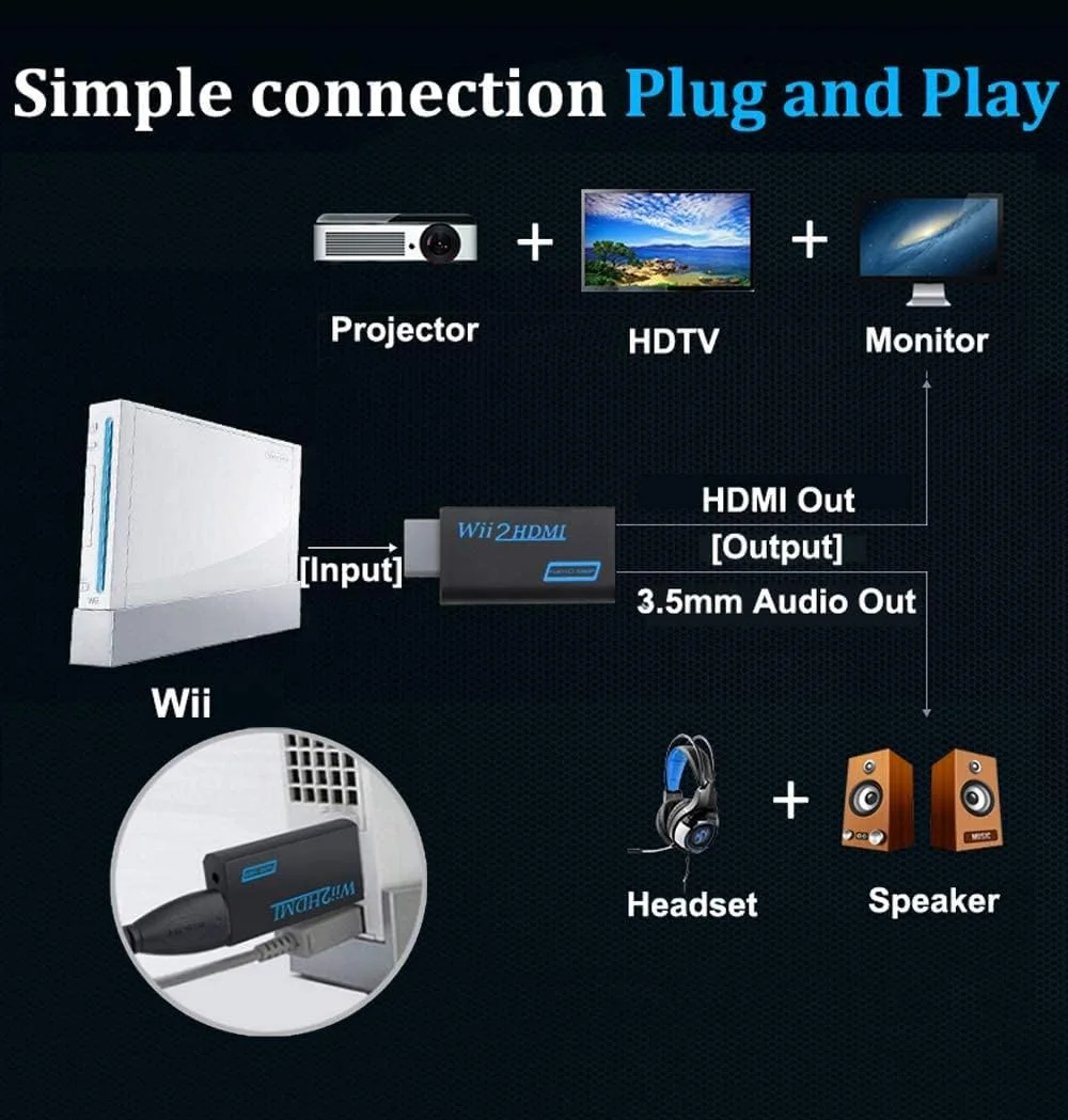 تبدیل وی به HDMI به همراه خروجی صدا 3.5 میلی‌متری، پشتیبانی از رزولوشن 720P/1080P (مشکی بدون کابل)