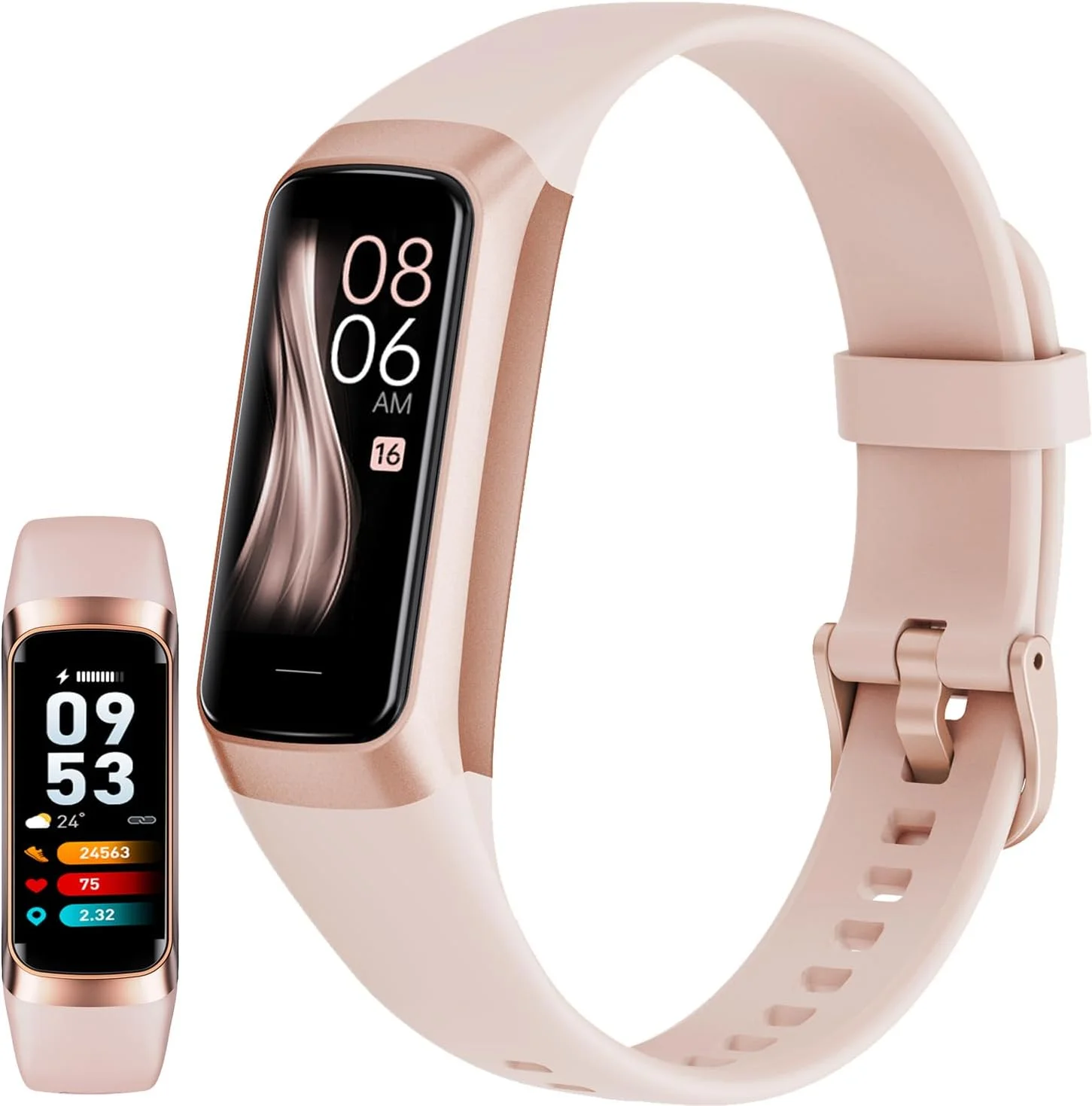 ردیاب فعالیت هوشمند صورتی - بند باریک تناسب اندام 1.1 اینچی AMOLED با ضربان قلب، اکسیژن خون، پایش خواب، 25+ حالت ورزشی با شمارش گام و کالری برای زنان مردان و ضد آب IP67 برای اندروید iOS