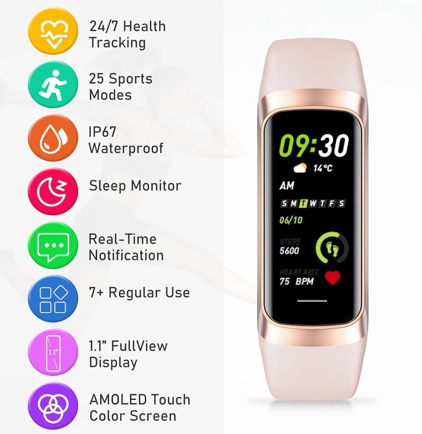 ردیاب فعالیت هوشمند صورتی - بند باریک تناسب اندام 1.1 اینچی AMOLED با ضربان قلب، اکسیژن خون، پایش خواب، 25+ حالت ورزشی با شمارش گام و کالری برای زنان مردان و ضد آب IP67 برای اندروید iOS