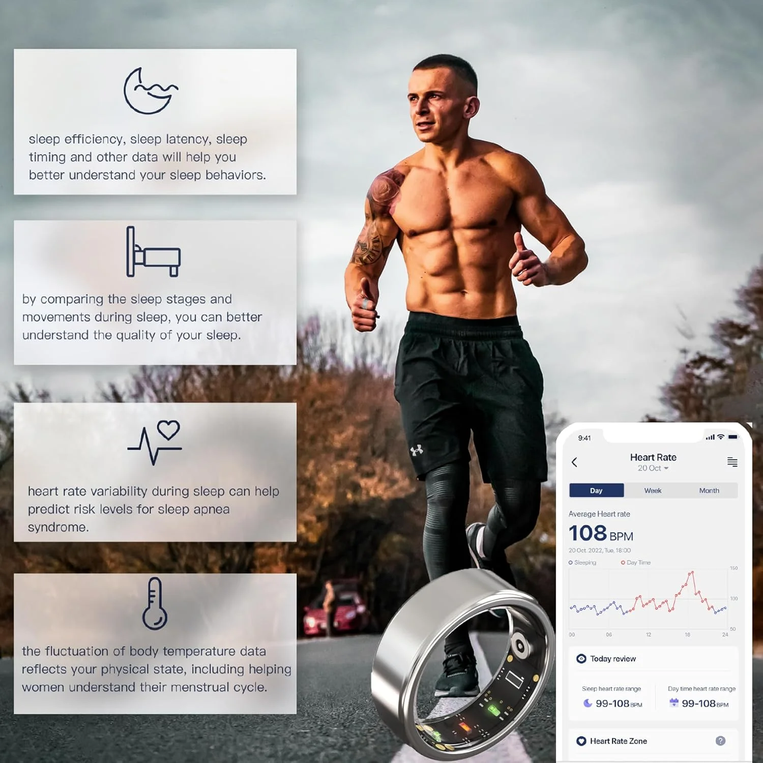 حلقه هوشمند 2025 برای زنان و مردان، حلقه ردیاب خواب، حلقه هوشمند تناسب اندام، ردیاب فعالیت، پایش خواب، پایش استرس/ضربان قلب/کالری/گام های زنان - بدون نیاز به اشتراک برنامه (مشکی، #10-62.1mm/2.44")