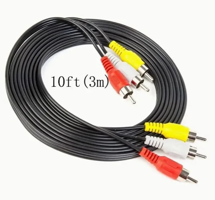 کابل صوتی/تصویری آر سی ای RYN طول 3.05 متر، دارای کانکتورهای زرد/سفید/قرمز برای اتصال 3 نری به 3 نری، مناسب برای DVD/VCR/SAT