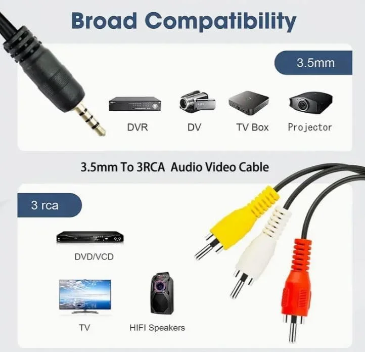 کابل صوتی و تصویری RYN AV، کابل 3.5 میلی‌متری به 3 RCA، آداپتور 3.5 میلی‌متری به 3 RCA نر با روکش نیکل، کابل استریو AUX AV برای MP3، دوربین فیلمبرداری، تبلت، بلندگو، سینمای خانگی، پخش‌کننده DVD