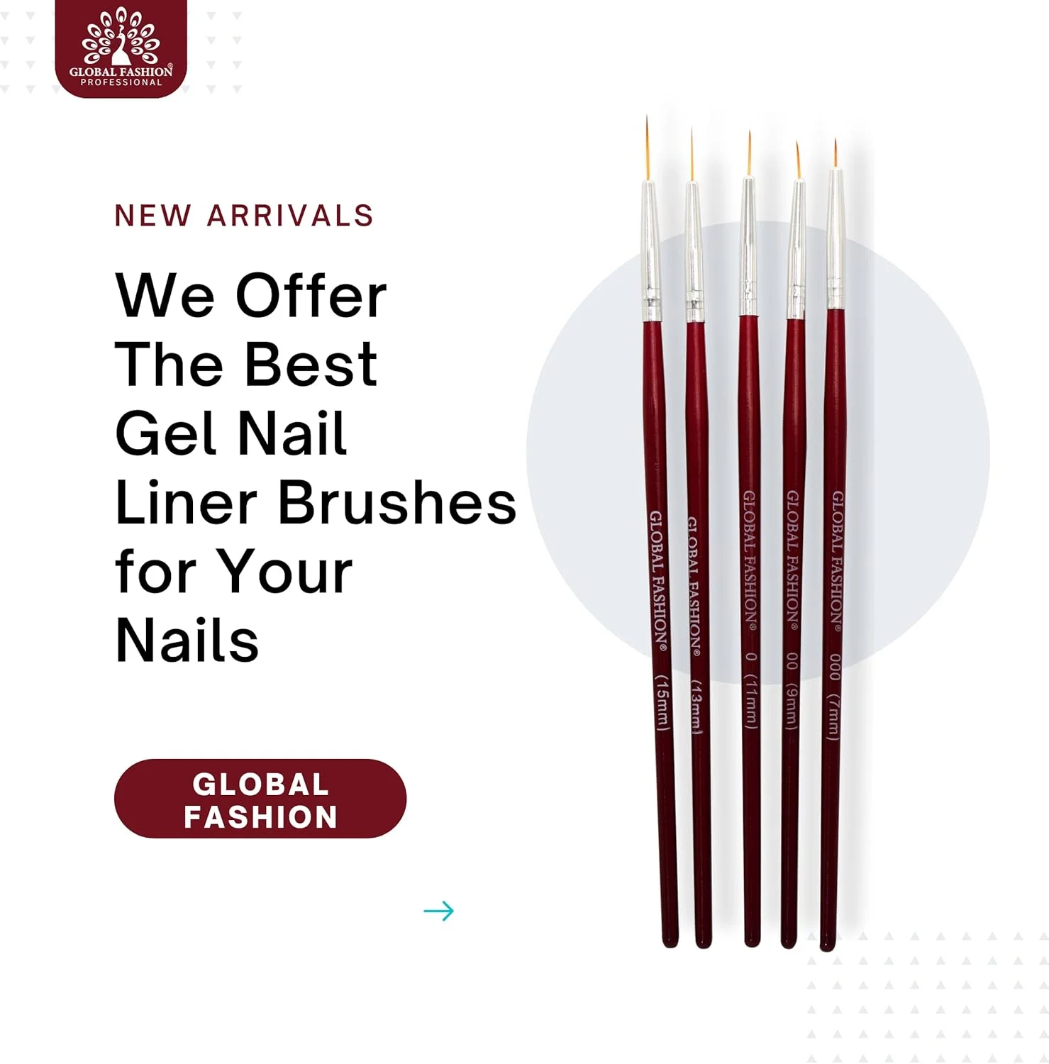 مجموعه 5 عددی قلمو طراحی ناخن حرفه ای گلوبال فشن | قلموهای لاینر ظریف و بافت سه بعدی | ایجاد طرح های خیره کننده ناخن | (15mm)