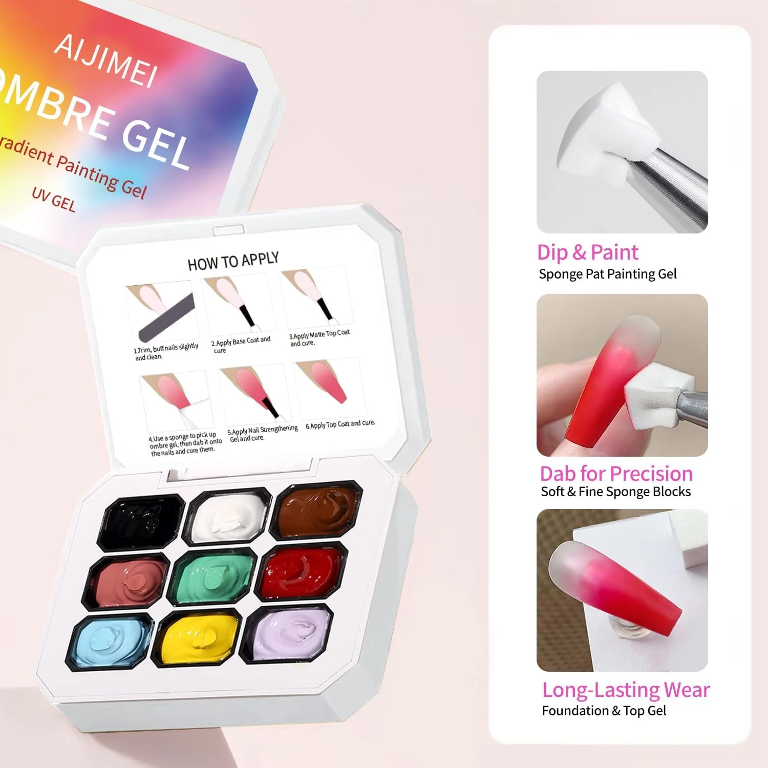 لاک ژل گرادینت چند رنگ با 20 اسفنج ناخن و 1 گیره فلزی (شکل پنجه) تکنیک اسفنجی برای ناخن های آمبره، ناخن های هاله ای، فرنچ مانیکور، طراحی ناخن DIY (ست 7)