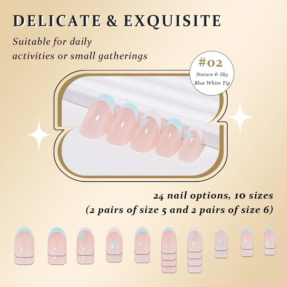 ناخن مصنوعی بیضی کوتاه با طرح آسمان آبی و نوک سفید فرانسوی، طراحی گلدار، چسبی قابل استفاده مجدد، پوشش کامل با چسب ژل نرم، 24 عدد