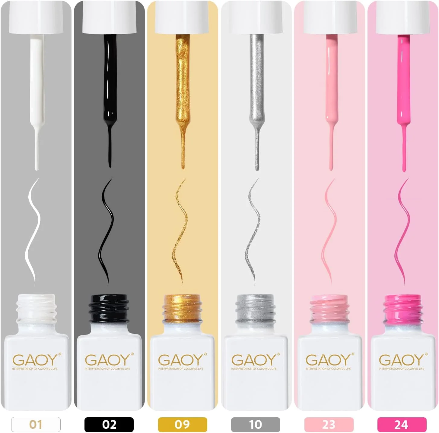 لاک ژل طراحی ناخن GAOY، 6 رنگ کلاسیک مشکی سفید طلایی نقره ای برای طراحی ناخن با قلم موی نازک، مناسب مانیکور و پدیکور فرانسوی در خانه
