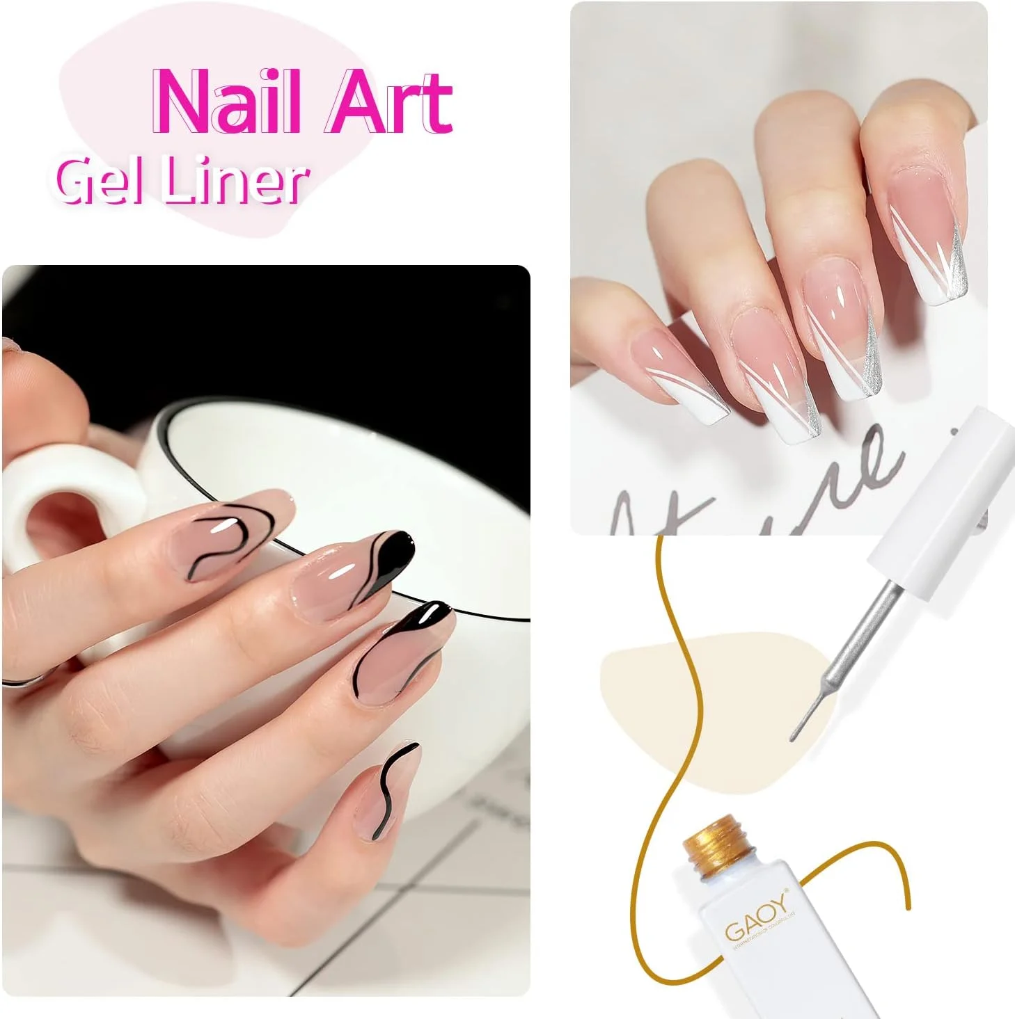 لاک ژل طراحی ناخن GAOY، 6 رنگ کلاسیک مشکی سفید طلایی نقره ای برای طراحی ناخن با قلم موی نازک، مناسب مانیکور و پدیکور فرانسوی در خانه