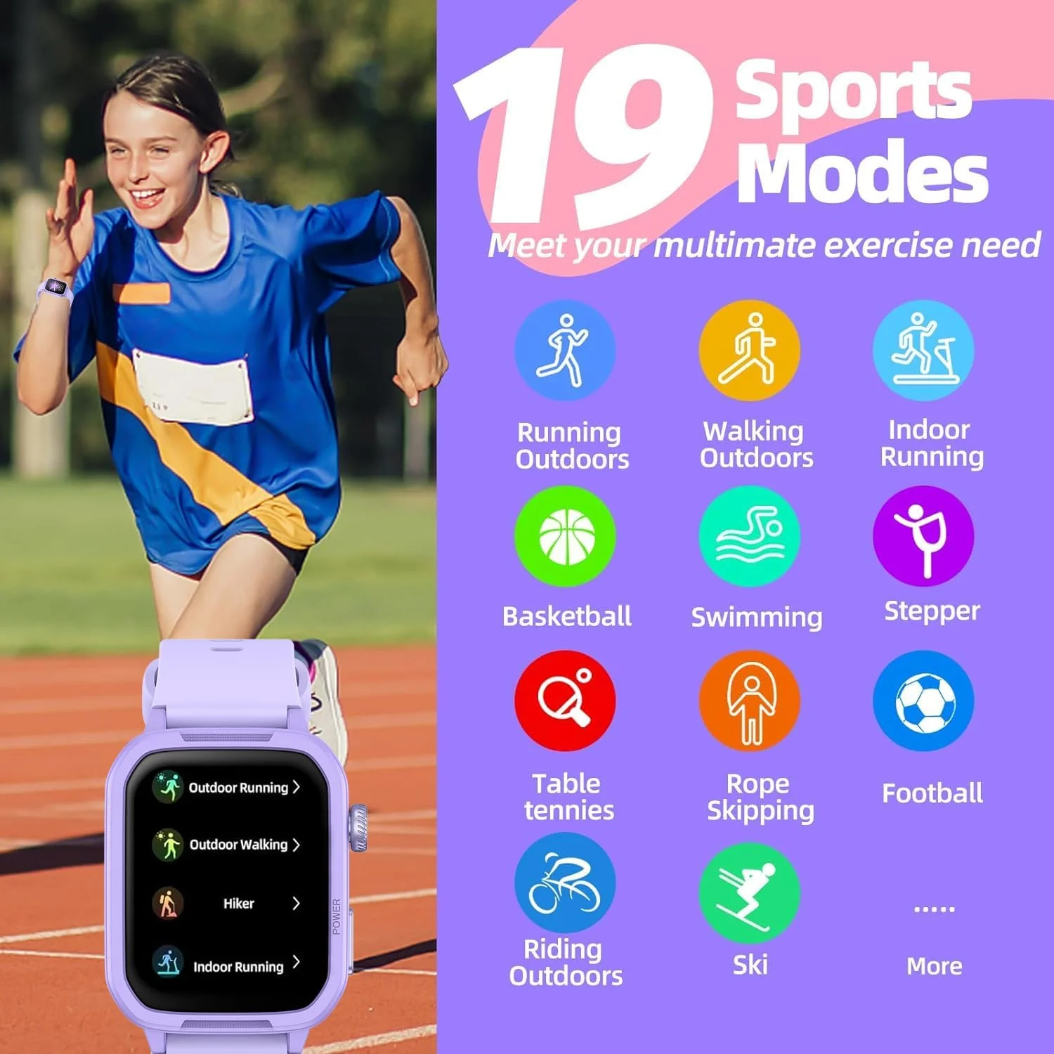 ساعت هوشمند مقاوم نظامی ZONEY برای کودکان، ساعت ردیاب تناسب اندام ضد آب IP68 برای کودکان با صفحه نمایش 1.54 اینچی DIY، 19 حالت ورزشی، گام شمار، ضربان قلب، هدیه ای عالی برای پسران دختران نوجوان 6-14 ساله (بنفش)