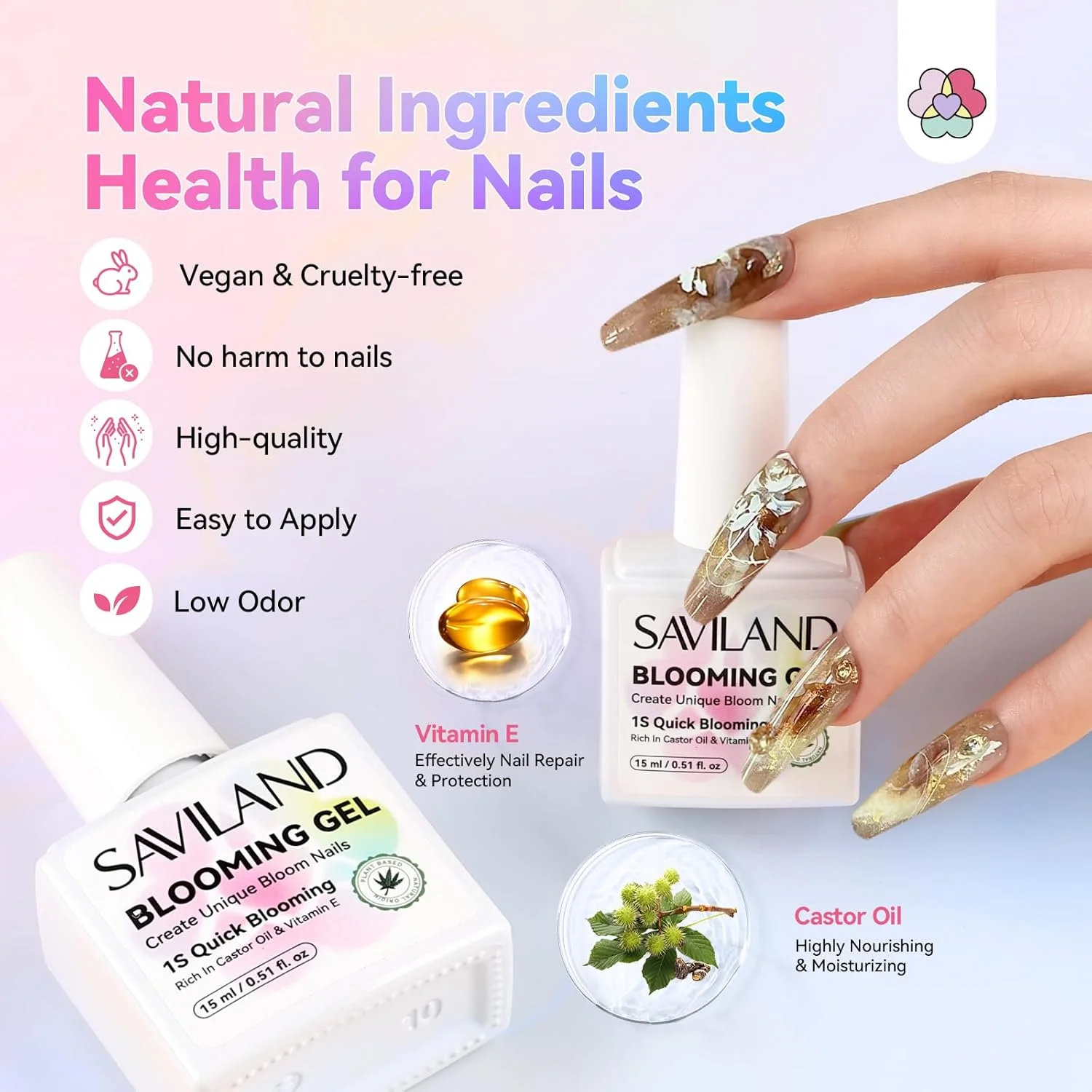 کیت ژل بلومینگ ساویلند، 2 عدد لاک ژل 15 میلی لیتری حاوی روغن کرچک و ویتامین E، ژل بلومینگ شفاف برای لاک ژل رنگی، مناسب برای مانیکور سالنی با جلوه مرمرین، قابل استفاده با دستگاه UV LED کیت ژل بلومینگ ساویلند، 2 عدد لاک ژل 15 میلی لیتری حاوی روغن کرچک و ویتامین E، ژل بلومینگ شفاف برای لاک ژل رنگی، مناسب برای مانیکور سالنی با جلوه مرمرین، قابل استفاده با دستگاه UV LED