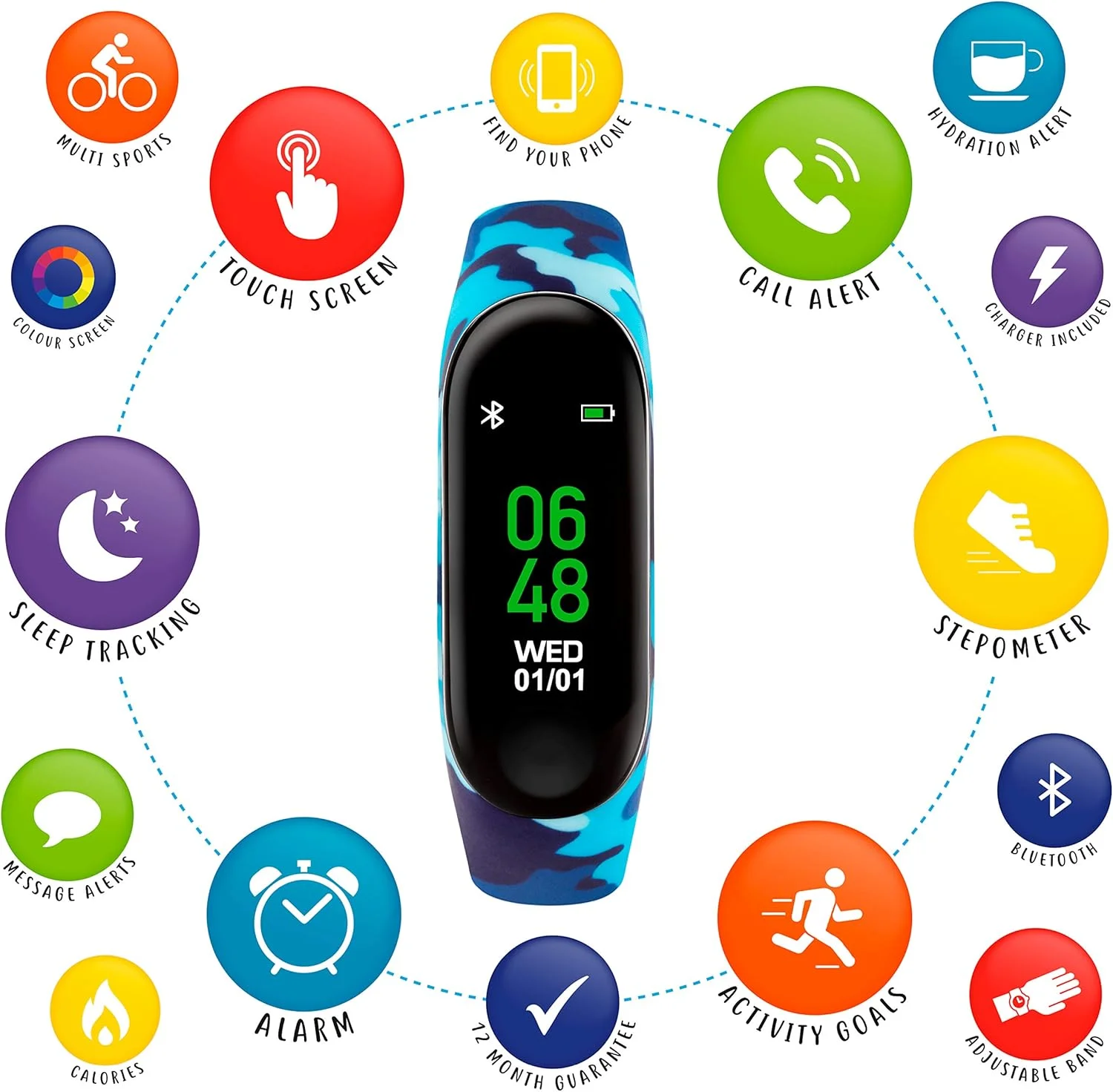 ردیاب فعالیت بدنی بچگانه تیکرز سری 1 با طرح استتار و بند سیلیکونی آبی مدل TKS01-0003، آبی، بند ردیاب فعالیت بدنی بچگانه تیکرز سری 1 با طرح استتار و بند سیلیکونی آبی مدل TKS01-0003، آبی، بند