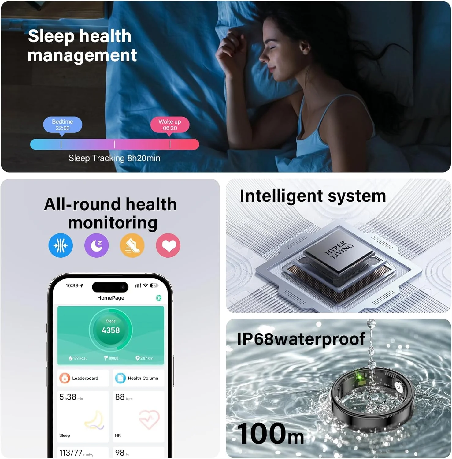 حلقه هوشمند ردیاب سلامتی، نظارت بر کالری/ضربان قلب/اکسیژن خون، همراه با جعبه شارژ، حلقه های سلامتی برای زنان و مردان، حلقه خواب با باتری بادوام (مشکی، سایز 8)