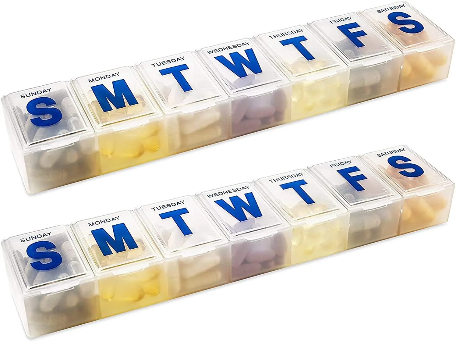 جعبه قرص هفتگی MEDca - برنامه ریز قرص 7 روزه، برنامه ریز قرص بزرگ و جعبه یادآوری مصرف دارو، محفظه های دوشنبه تا یکشنبه - بدون BPA - جعبه مسافرتی (بسته 2 عددی)