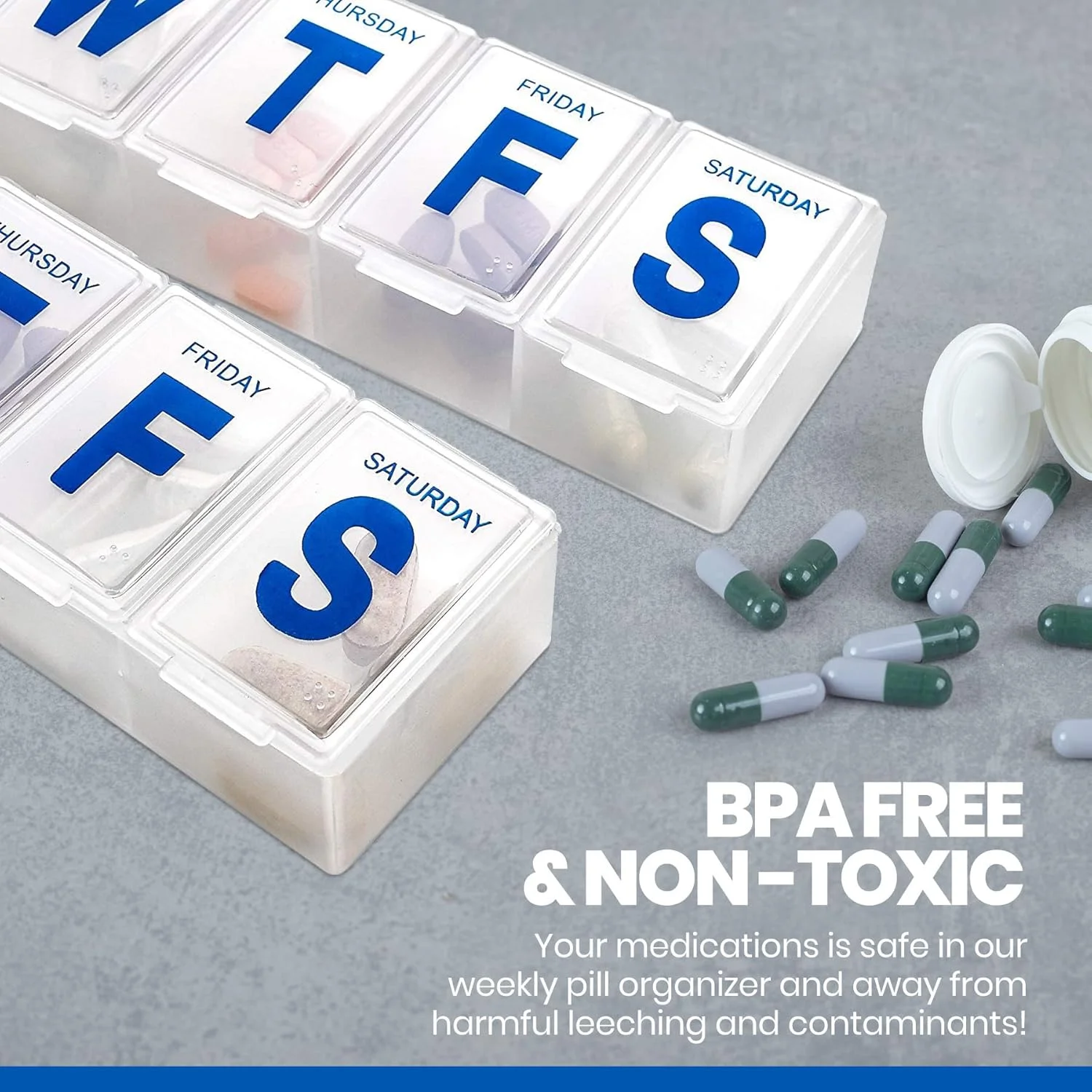 جعبه قرص هفتگی MEDca - برنامه ریز قرص 7 روزه، برنامه ریز قرص بزرگ و جعبه یادآوری مصرف دارو، محفظه های دوشنبه تا یکشنبه - بدون BPA - جعبه مسافرتی (بسته 2 عددی)