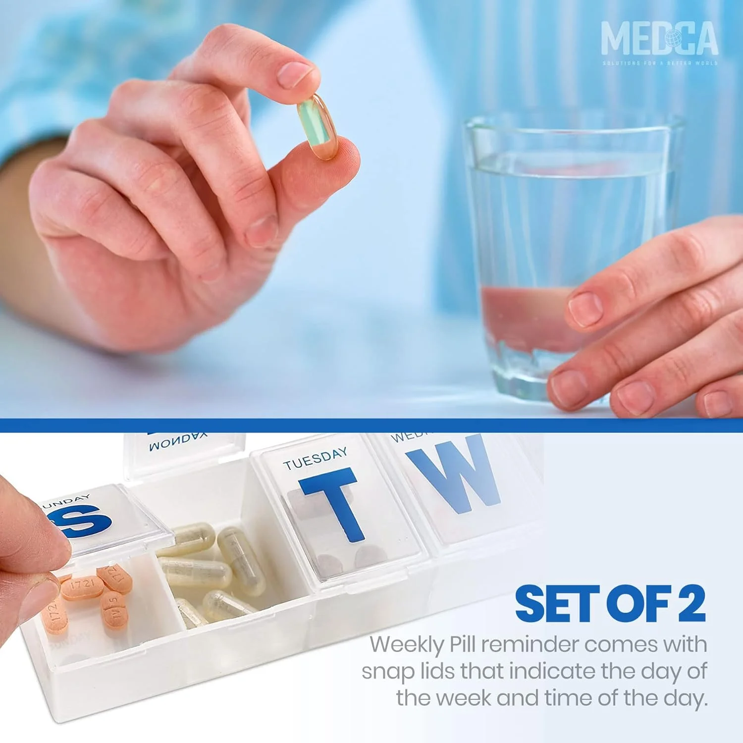 جعبه قرص هفتگی MEDca - برنامه ریز قرص 7 روزه، برنامه ریز قرص بزرگ و جعبه یادآوری مصرف دارو، محفظه های دوشنبه تا یکشنبه - بدون BPA - جعبه مسافرتی (بسته 2 عددی)