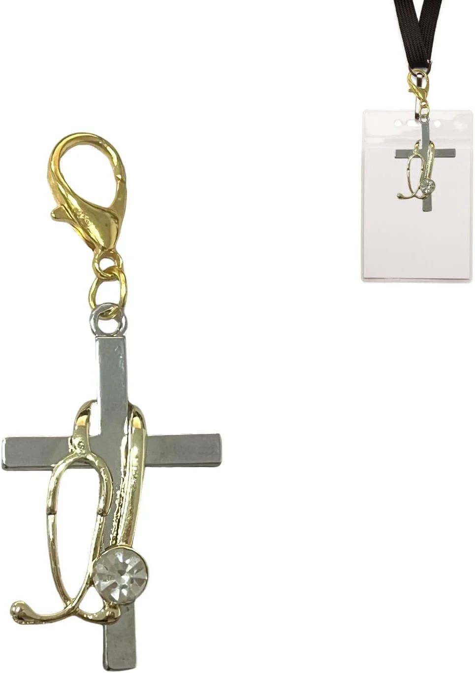 آویز صلیب با گوشی پزشکی، آویز تزئینی جاسوئیچی، تزئین جاسوئیچی گوشی پزشکی صلیبی، هدیه فارغ التحصیلی برای دانشجویان پرستاری (طلایی)