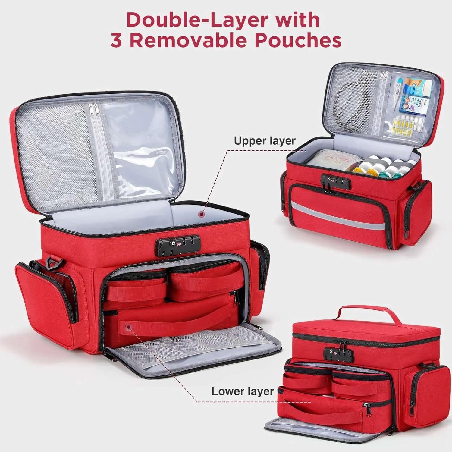 کیف دارو زاناکی با 3 محفظه جداشدنی، کیف کمک های اولیه خالی با قفل ترکیبی، سازمان دهنده بطری قرص دو لایه با بند شانه، کیف بزرگ نگهداری دارو برای لوازم پزشکی، قرمز کیف دارو زاناکی با 3 محفظه جداشدنی، کیف کمک های اولیه خالی با قفل ترکیبی، سازمان دهنده بطری قرص دو لایه با بند شانه، کیف بزرگ نگهداری دارو برای لوازم پزشکی، قرمز