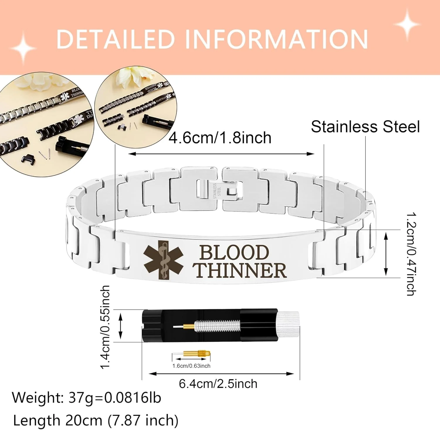 دستبند هشدار پزشکی زیرکوبیک استیل ضد زنگ - حکاکی لیزری برای شرایط مختلف، طراحی سبک و ضد آب با ابزار تنظیم سایز، راحت برای استفاده روزانه و فضای باز دستبند هشدار پزشکی زیرکوبیک استیل ضد زنگ - حکاکی لیزری برای شرایط مختلف، طراحی سبک و ضد آب با ابزار تنظیم سایز، راحت برای استفاده روزانه و فضای باز