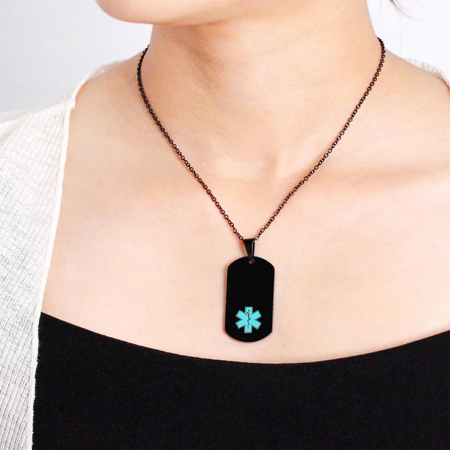 گردنبند هشدار پزشکی با حکاکی رایگان | آویز نماد پزشکی فیروزه ای | گردنبند شناسه اضطراری با زنجیر قابل تنظیم | جواهرات ایمنی فضای باز یونیسکس برای ورزش YA5972