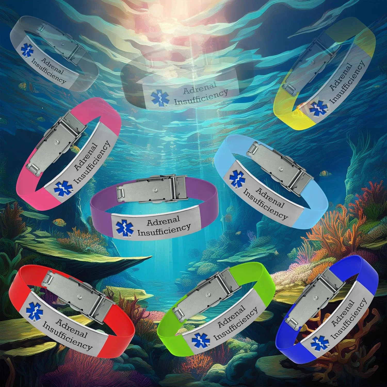 دستبند پزشکی با حکاکی "نارسایی آدرنال"، شامل کارت اطلاعات پزشکی اورژانسی و سابقه سلامت شخصی