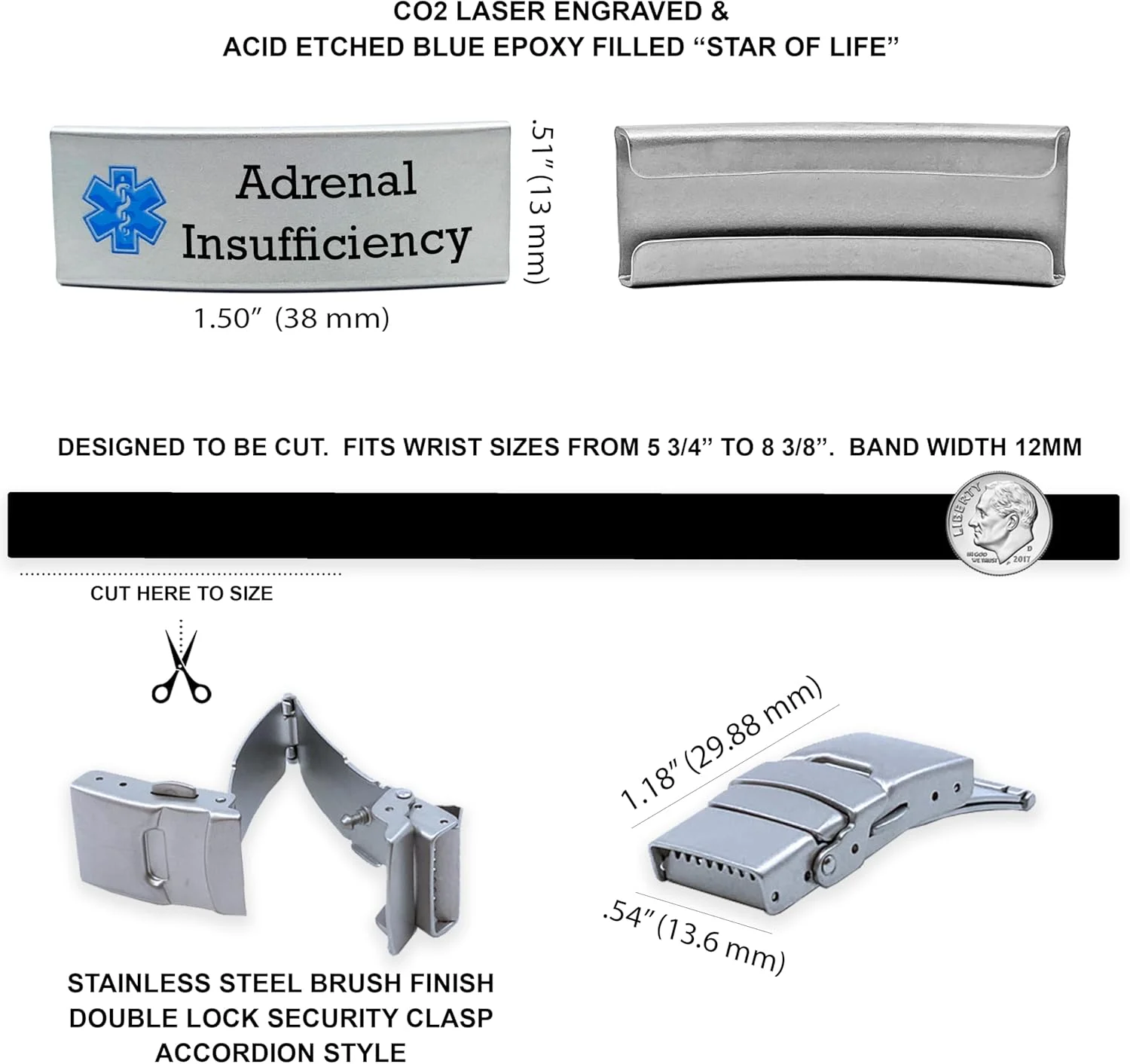 دستبند پزشکی با حکاکی "نارسایی آدرنال"، شامل کارت اطلاعات پزشکی اورژانسی و سابقه سلامت شخصی