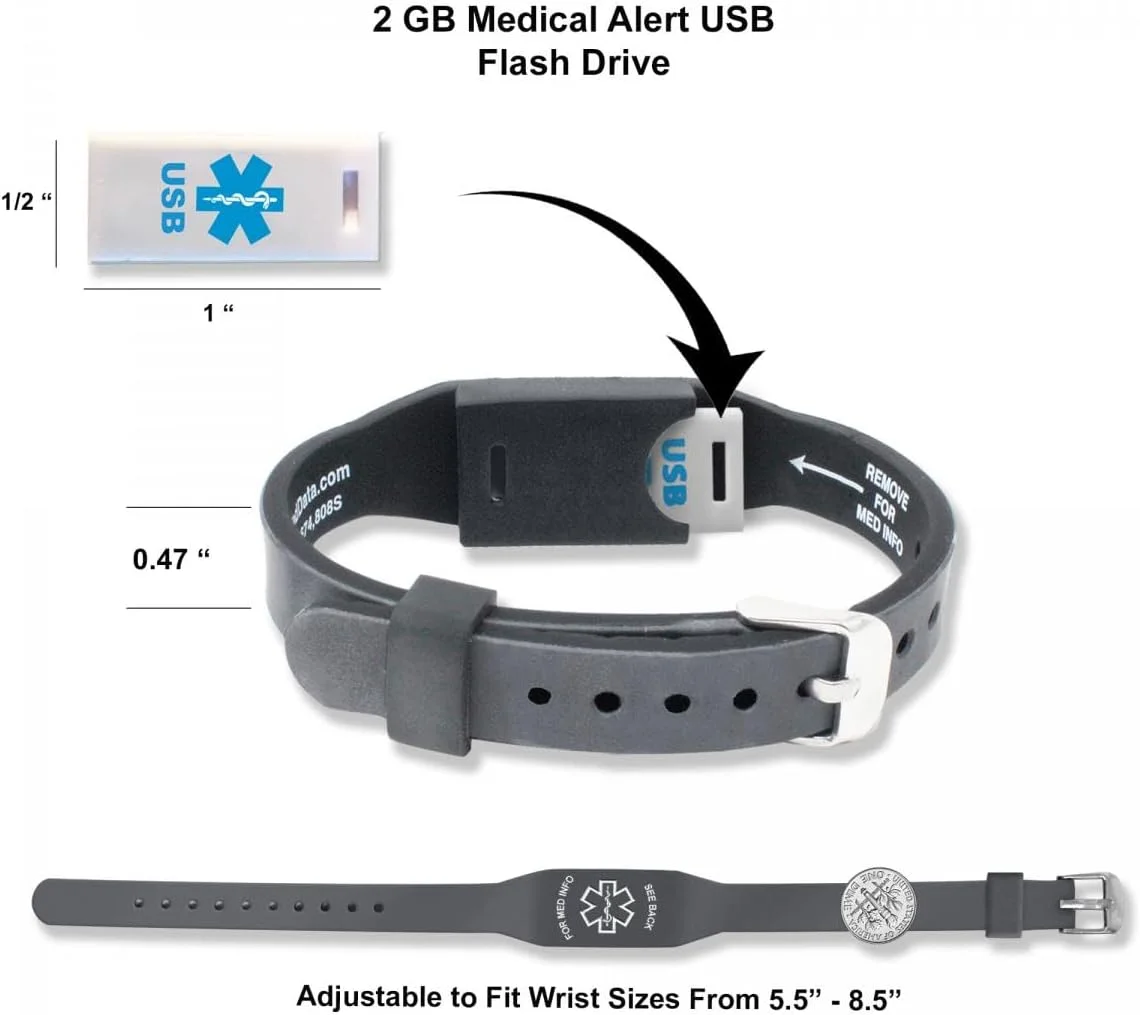 دستبند پزشکی الیت II USB: دستبند سیلیکونی ضد حساسیت با فلش درایو USB ضد آب 2 گیگابایتی و کارت پزشکی اورژانس. دسترسی رایگان به PHR (سوابق سلامت شخصی) دستبند پزشکی الیت II USB: دستبند سیلیکونی ضد حساسیت با فلش درایو USB ضد آب 2 گیگابایتی و کارت پزشکی اورژانس. دسترسی رایگان به PHR (سوابق سلامت شخصی)