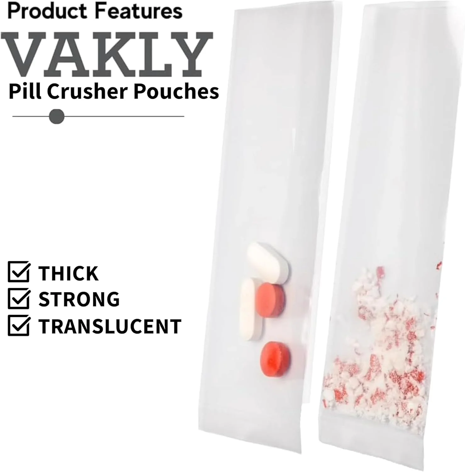کیسه های قرص خرد کن Vakly، 100 عدد، کیسه های دارویی یکبار مصرف و سنگین برای خرد کردن قرص ها و ویتامین ها - بسته های پلاستیکی پزشکی ضخیم و شفاف - سازگار با اکثر قرص خردکن ها [100 عدد]