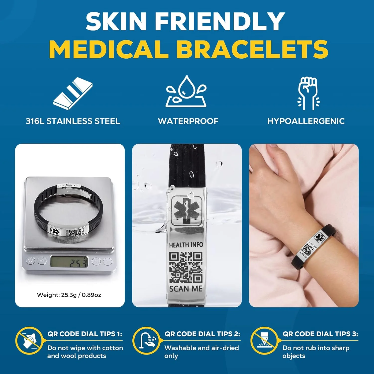 دستبندهای پزشکی برای آقایان و بانوان با کد QR، دستبندهای شناسه هشدار پزشکی برای مسافرت ورزشی - مچ بند سیلیکونی ضد آب مناسب برای مچ دست تا 8 اینچ - فضای بیشتر برای شناسه پزشکی سفارشی اورژانسی دستبندهای پزشکی برای آقایان و بانوان با کد QR، دستبندهای شناسه هشدار پزشکی برای مسافرت ورزشی - مچ بند سیلیکونی ضد آب مناسب برای مچ دست تا 8 اینچ - فضای بیشتر برای شناسه پزشکی سفارشی اورژانسی