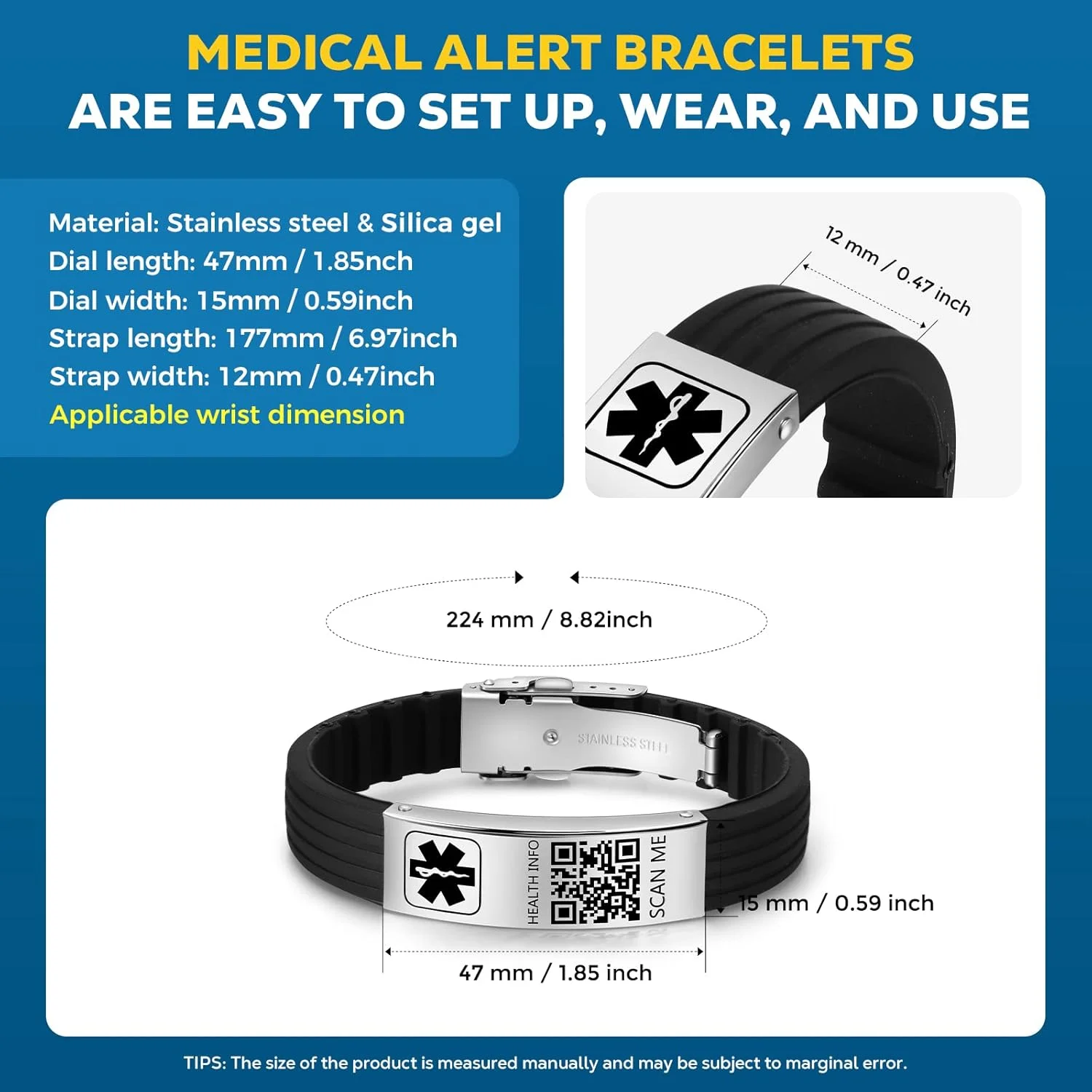 دستبندهای پزشکی برای آقایان و بانوان با کد QR، دستبندهای شناسه هشدار پزشکی برای مسافرت ورزشی - مچ بند سیلیکونی ضد آب مناسب برای مچ دست تا 8 اینچ - فضای بیشتر برای شناسه پزشکی سفارشی اورژانسی دستبندهای پزشکی برای آقایان و بانوان با کد QR، دستبندهای شناسه هشدار پزشکی برای مسافرت ورزشی - مچ بند سیلیکونی ضد آب مناسب برای مچ دست تا 8 اینچ - فضای بیشتر برای شناسه پزشکی سفارشی اورژانسی